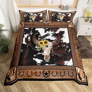 Western Cowboy Kids Duvet Cover Set King Size,Cow Skull Horseshoes Wooden Plank Bedding Set,Boys Girls Adults Room Decor,Cow Fur Rustic Farmhouse Comforter Cover,Retro Quilt Cover,2 Pillowcases