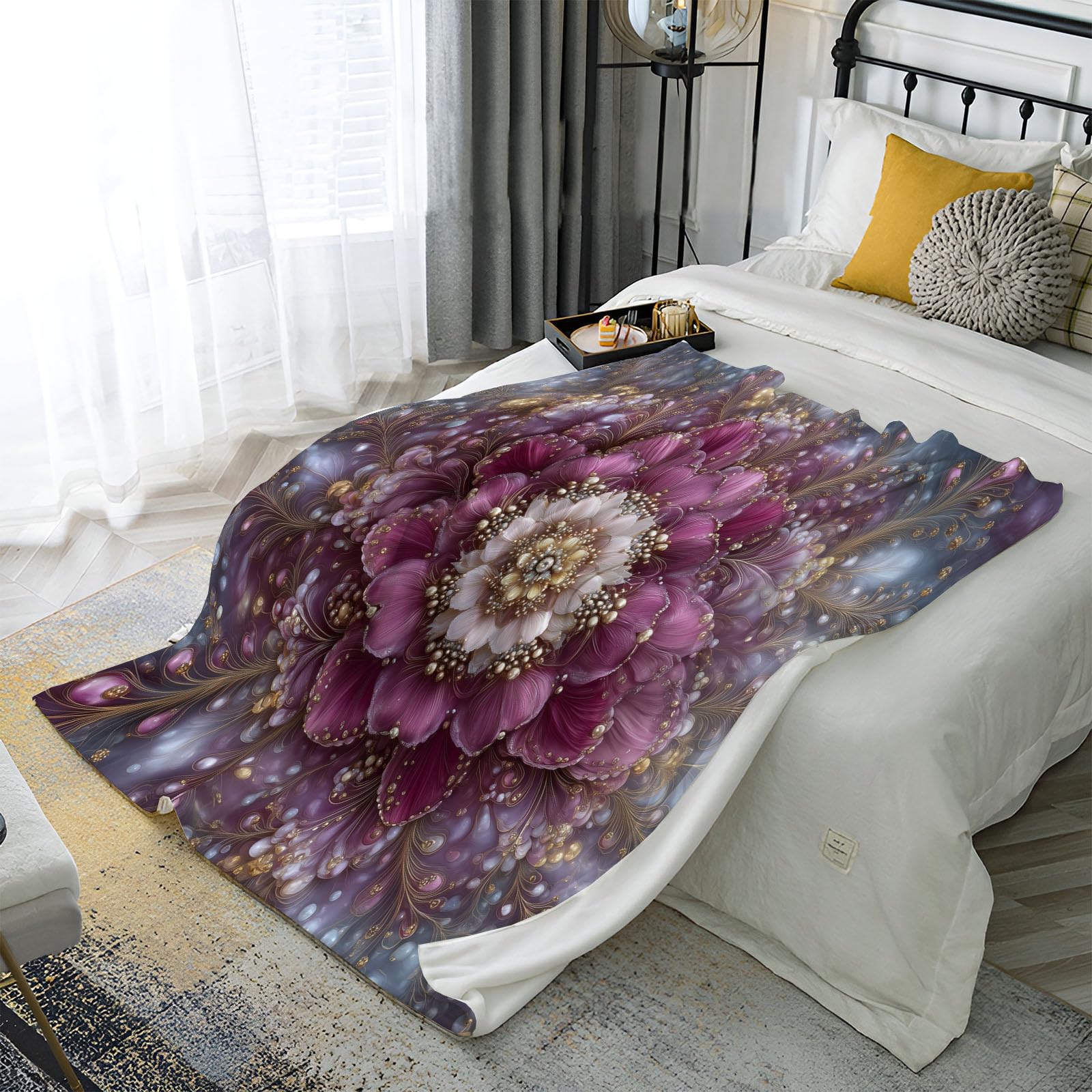 Manta De Mandala De Perla 3D, Manta Ligera De Forro Polar con Floral Lujoso para Niños Mujeres, Ciruela Mantas De Franela Suaves, Sábana Cálida Adecuada para Invierno, 220X240Cm
