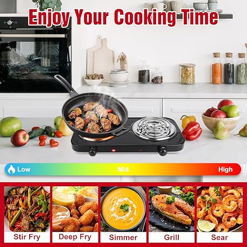 Miniatura 5 de Placa eléctrica de 2000 W, estufa eléctrica portátil para encimera, quemadores de bobina doble con control dual y control de temperatura de 5