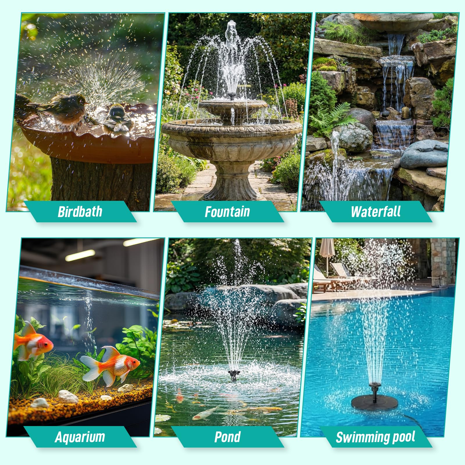 Clevich Solar Teichpumpe 6,5W, Solar Springbrunnen mit Filter, mit 1M Schlauch, 9 Düsen, 3,25M Kabellänge, DIY Brunnen, für Fischteiche, Kleine Teiche, Wasserfälle, Blumentöpfe, Dekorationsbrunnen