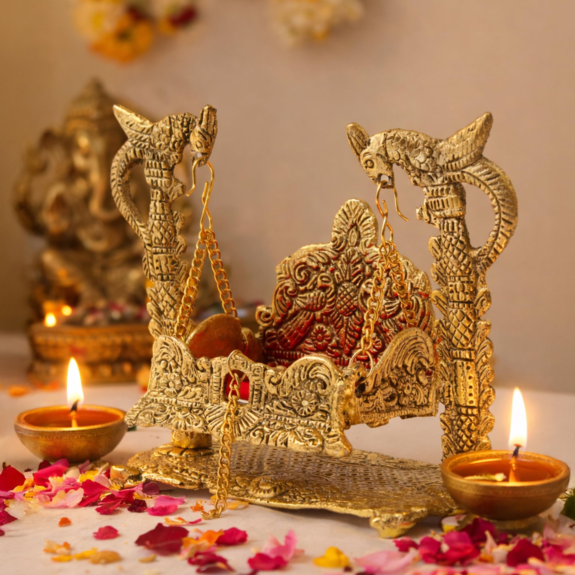 Habere India-All the Cultures Fabricating India Metal Laddu Gopal Jhula | Krishna Swing Palna | Decorative Shri Krishna Idol, God Murti Figurine for Pooja Room (Design02: L20 x W9 x H16 cm)-picture-20