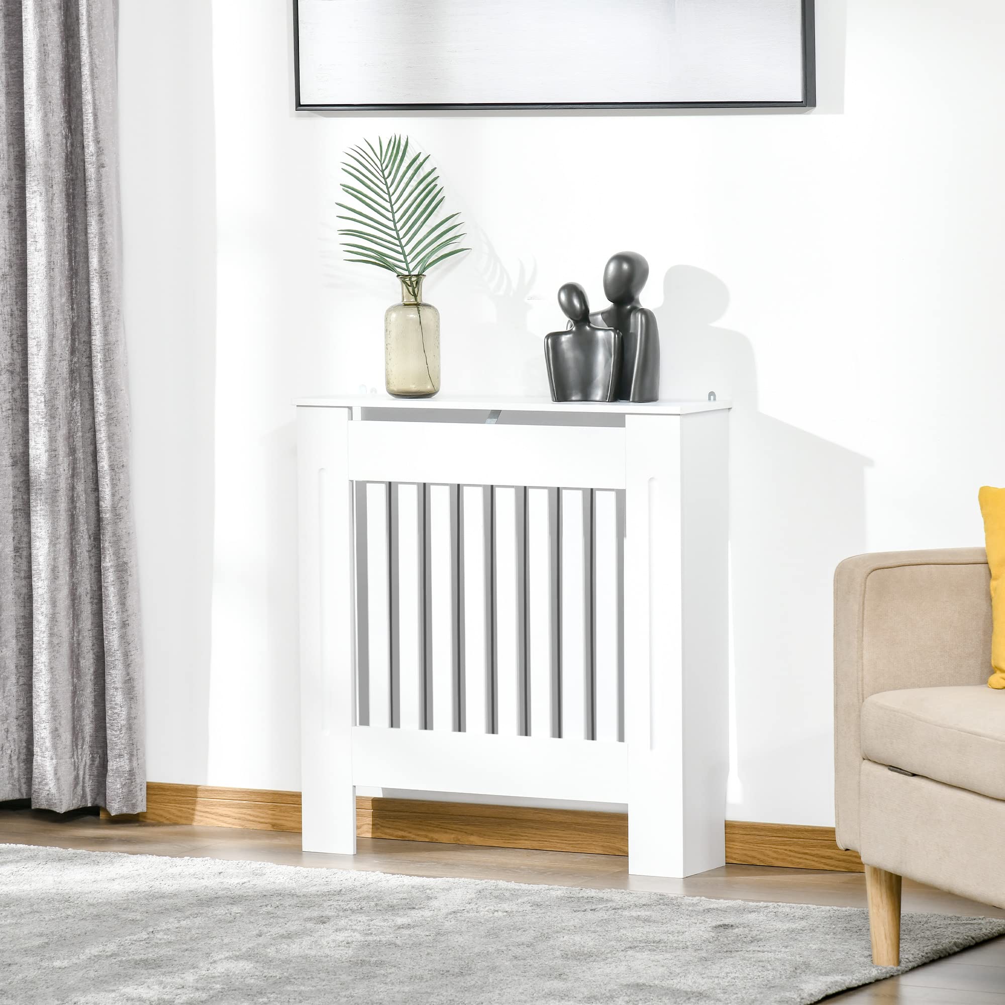 HOMCOM Cache-radiateur Couverture Radiateur 78L x 19l x 81H cm Blanc | Grille d'aération Verticale à Lattes, En Bois