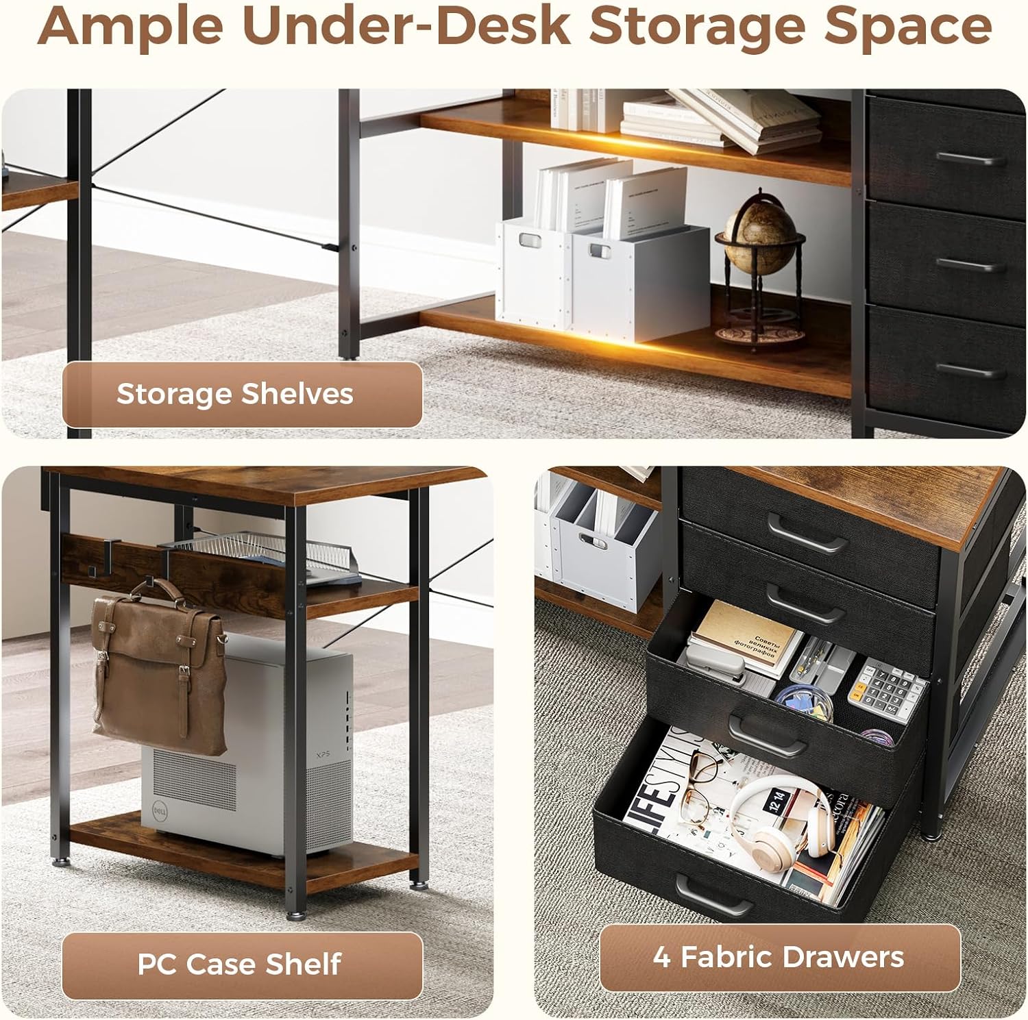 AODK 61" L Shaped Desk with Drawer, Computer Desk with Power Outlets & LED Lights, Reversible Corner Gaming Desks for Home Office Workstation, Office Table with Monitor Shelf, Vintage