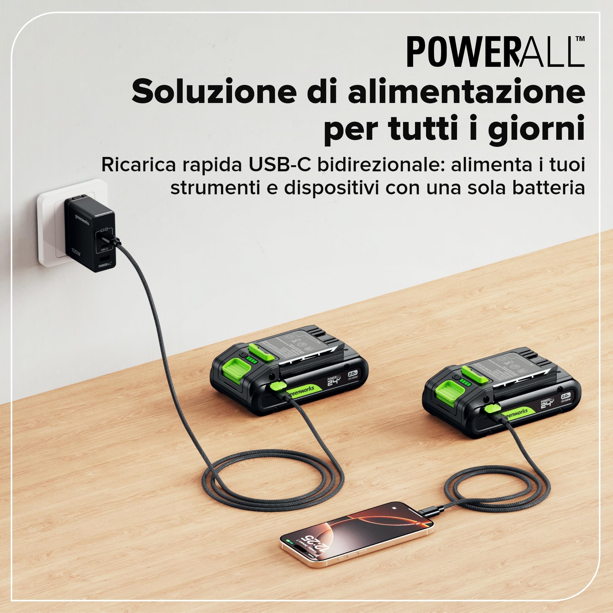 Greenworks 24V 2,0 Ah Batteria con Porta USB-C Ricaricabile agli Ioni di Litio ad Alte Prestazioni Compatibile con Tutti gli Oltre 200 Utensili Greenworks da 24V,Garanzia di 2 Anni - PA200