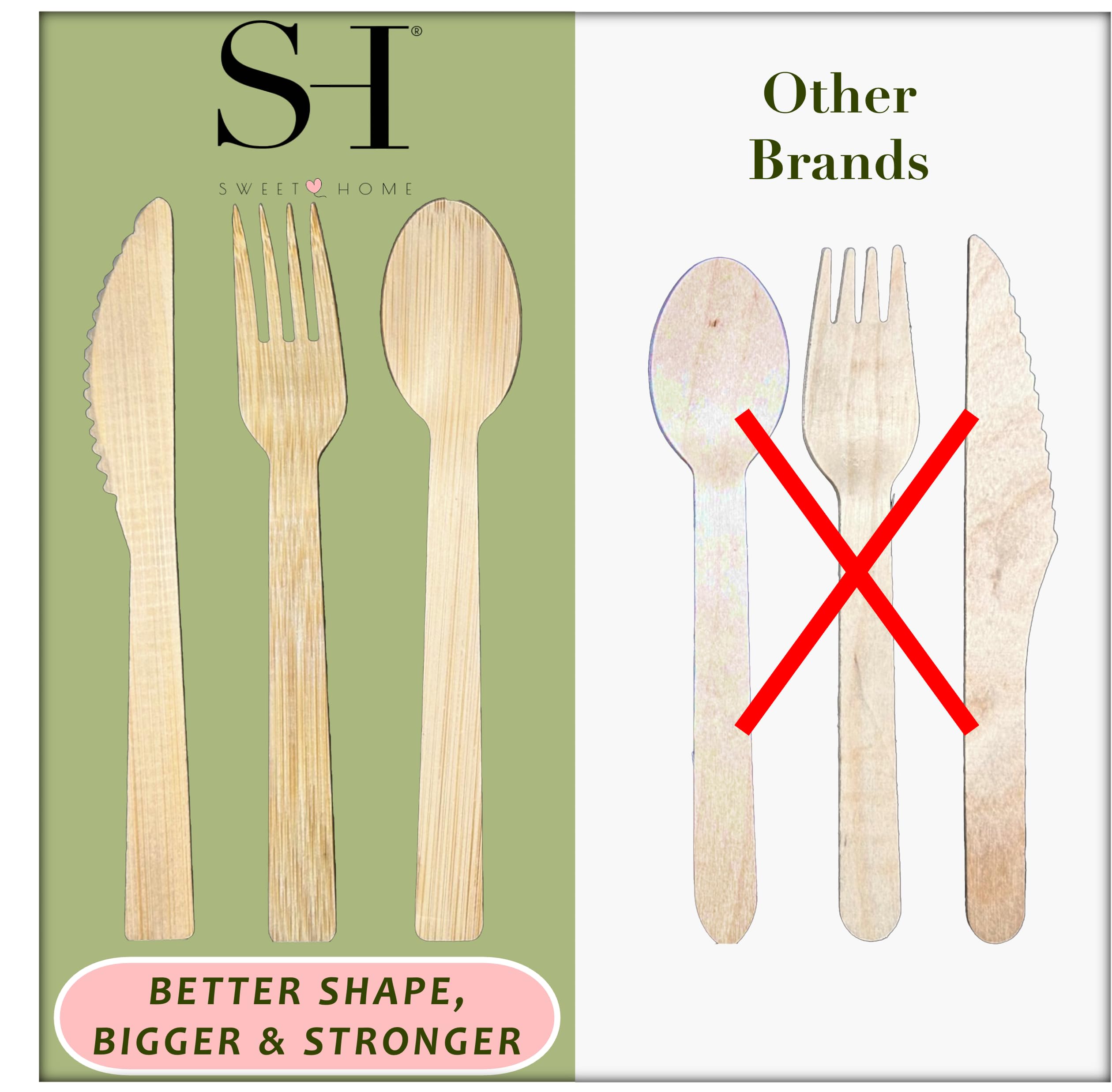 Sweet Home - Set di utensili in bambù 100% compostabili, usa e getta, 180 pezzi, 70 forchette, 40 cucchiai e 70 coltelli, posate ecologiche per feste, campeggio