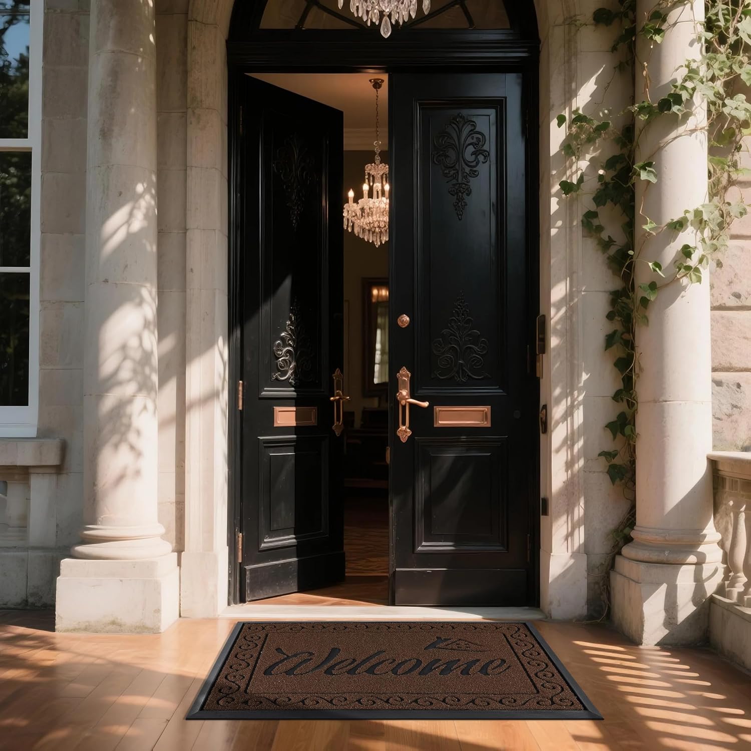 yimobra welcome mat outdoor indoor, waterproof heavy duty front door mat outside entrance, extra sturdy non-slip doormat, low profile, dirt trapping, 47x32 inches, coffee coffee welcome rectangular 47x32 inch