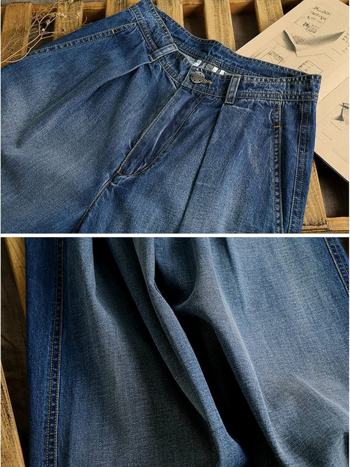 HaoMay Women's High Waist Wide Leg Jeans Pleated Denim Long Pants