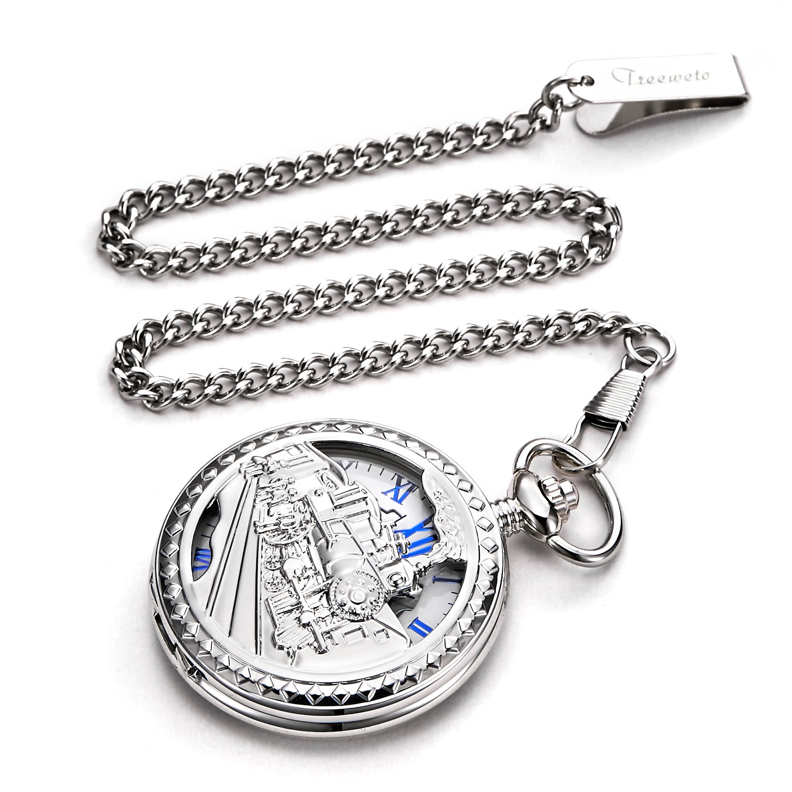 TREEWETO Antique Mens Pocket Watch Skeleton Mechanical Hollow Bronze Case 3D Steam Train Railroad Roman Numerals