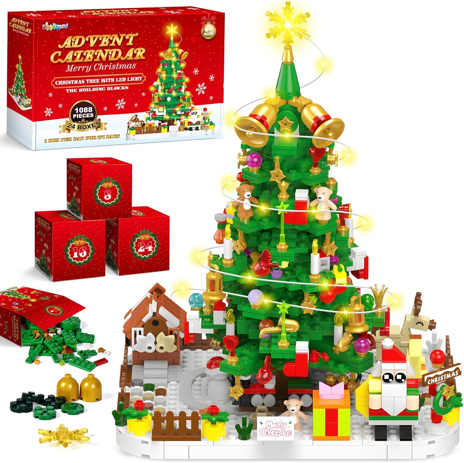 Advent Calendar 2025 Adult, 1088 Pieces Christmas Tree Building Kit with Led Light, 24 Days Christmas Countdown Christmas Tree Building Toy Set, Ideal Xmas Gift Toy for Teen Boy