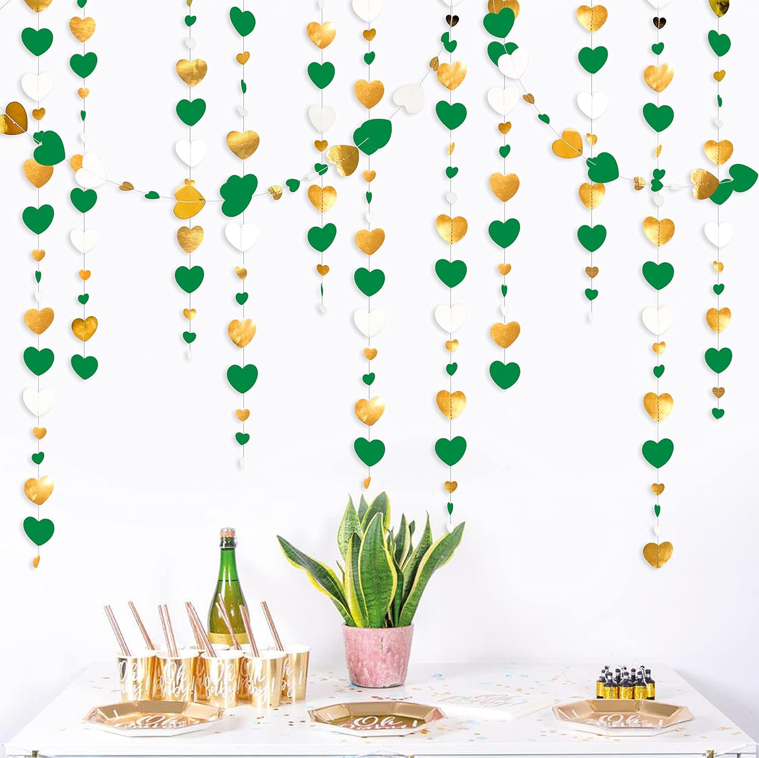 Valentines Day Party Decorations Green Gold and White Love Heart Garland Hanging Streamer Banner for Spring Summer Anniversary Engagement Wedding Bridal Baby Shower Birthday Mothers Day Party Supplies - Image 5