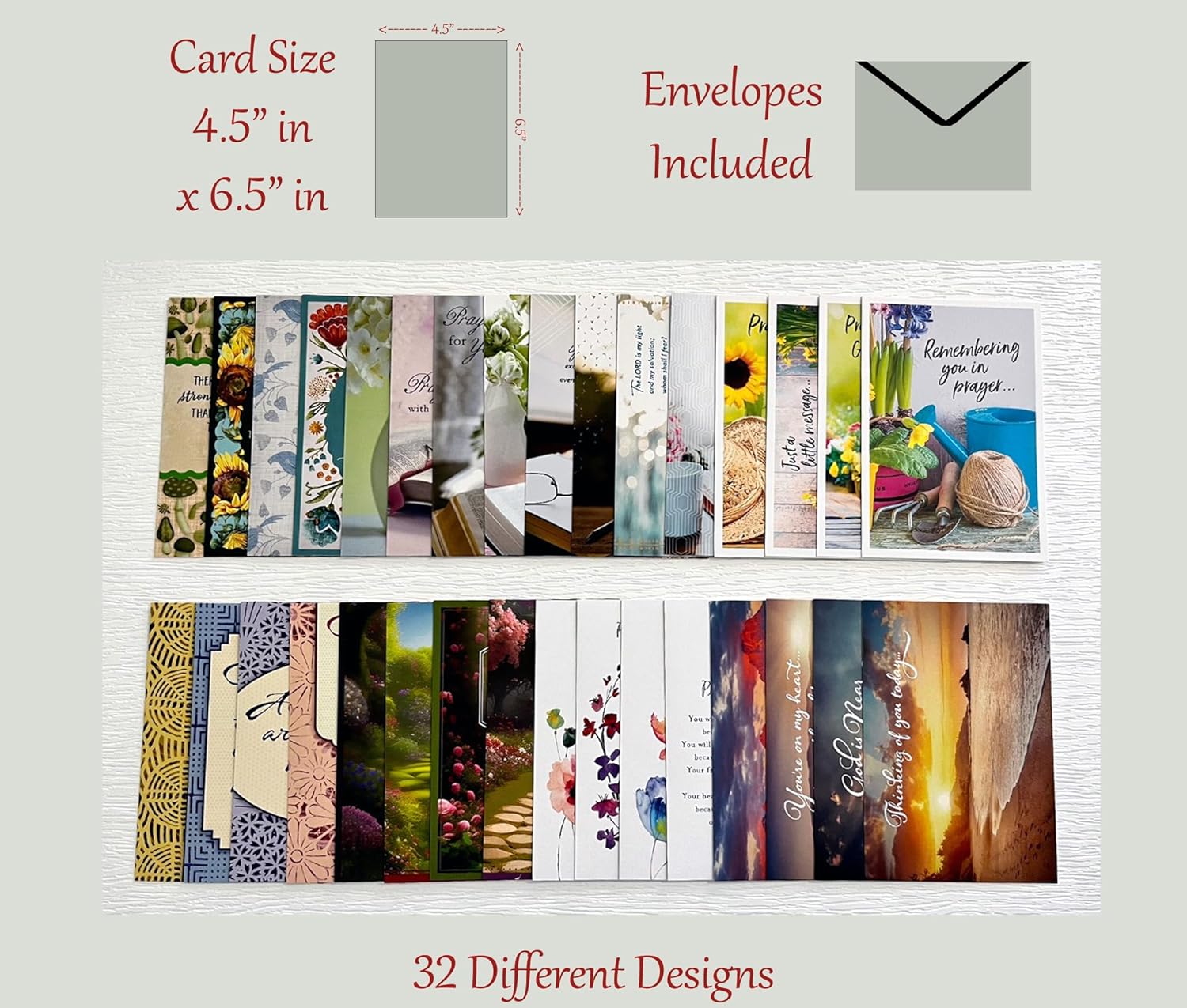 Praying for You Cards ~ No Repeated Designs~ 32 Cards and Designs ~ Christian/Religious Greeting Card Assortment ~ Scripture in every card ~ Envelopes Included