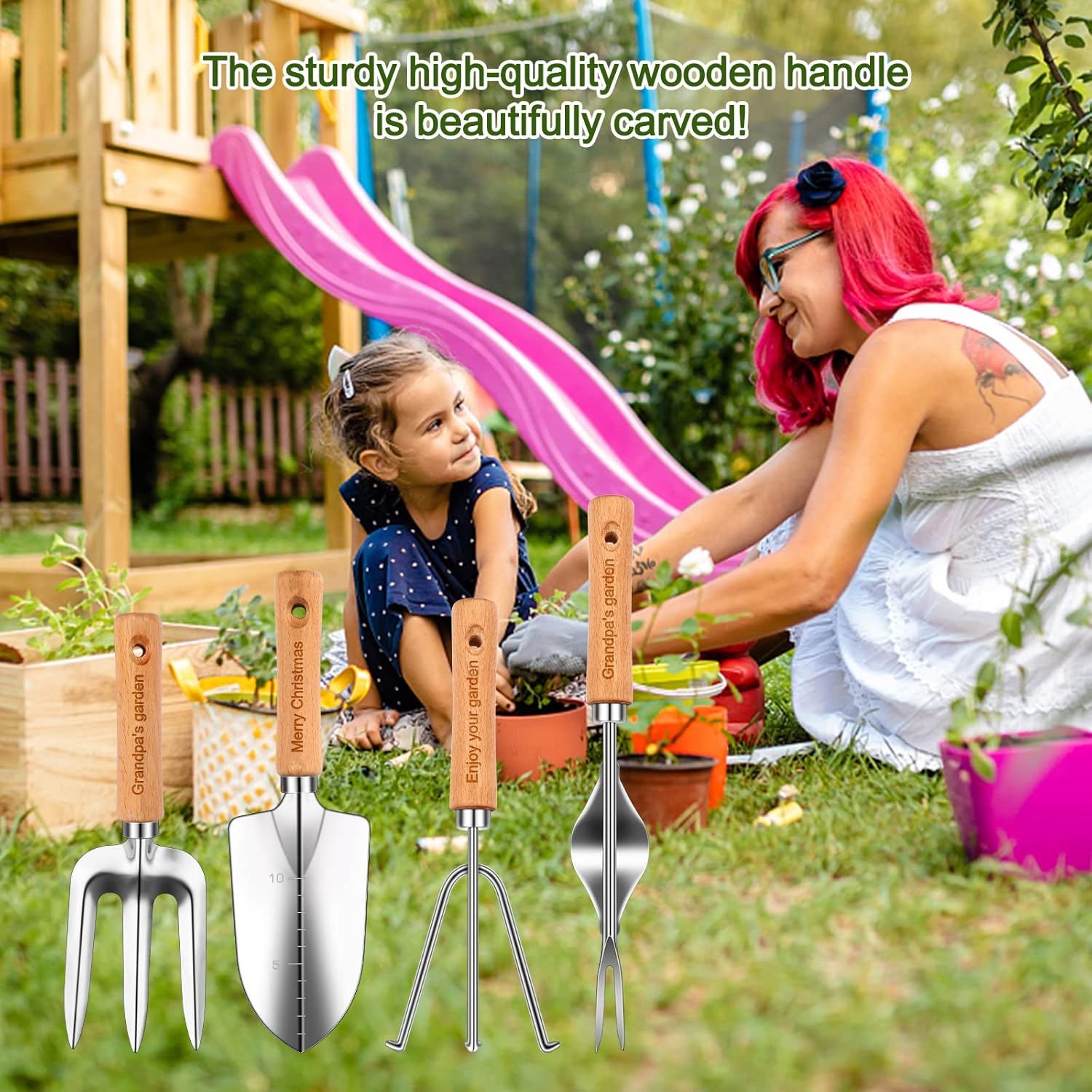 Custom Name 4 Garden Shovel Tool Set,Personalize 4 Piece Gardening Set, Narrow Shovel,Wide Shovel,Three-Tooth rake,Pitching Fork (Personalized)