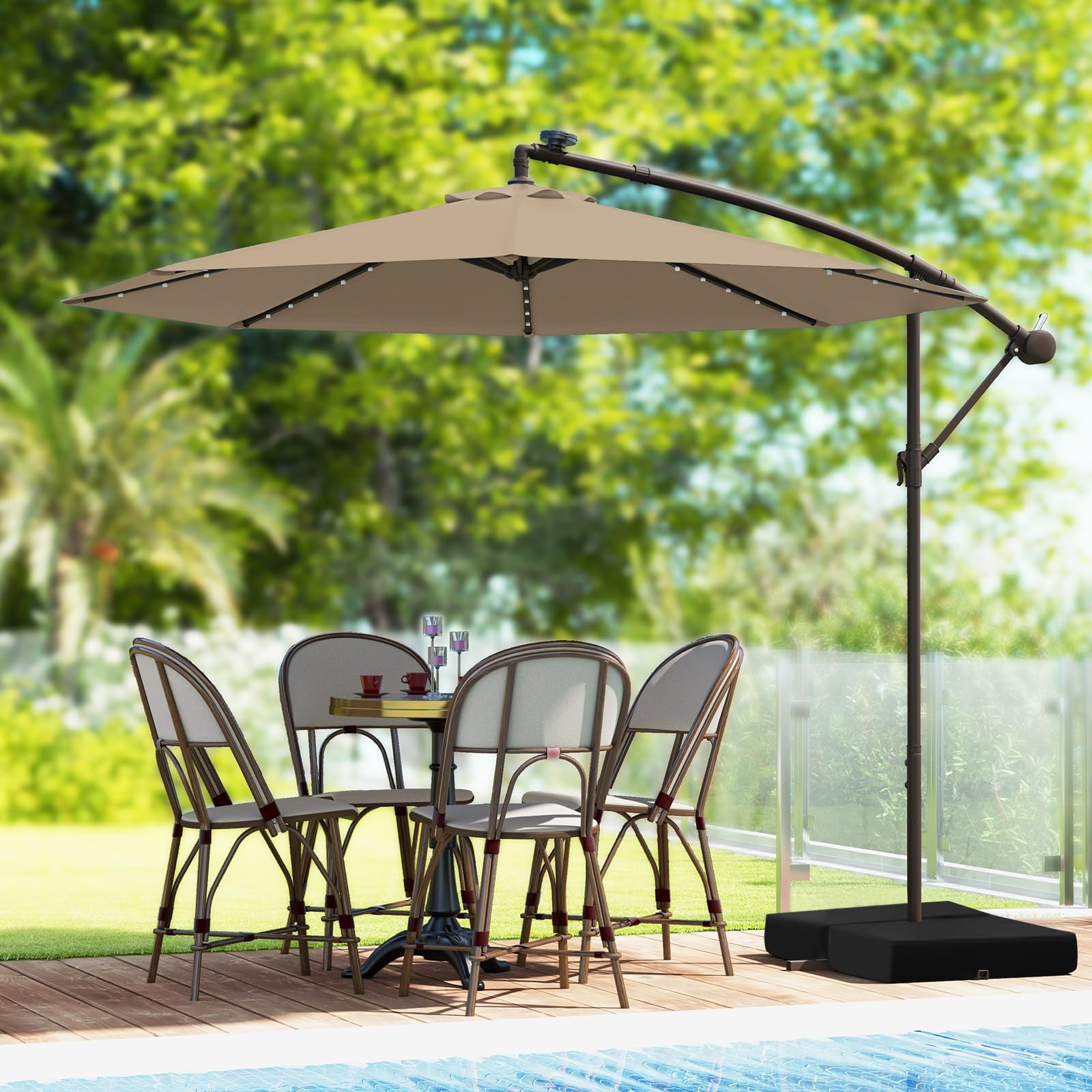COSTWAY Sombrilla Terraza Exterior con Base, Parasol Excentrico 3x3 con 40 Luces LED, Sombrilla Jardin Inclinable con Manivela, Patio, Jardín, Terraza, Piscina, Playa (café)