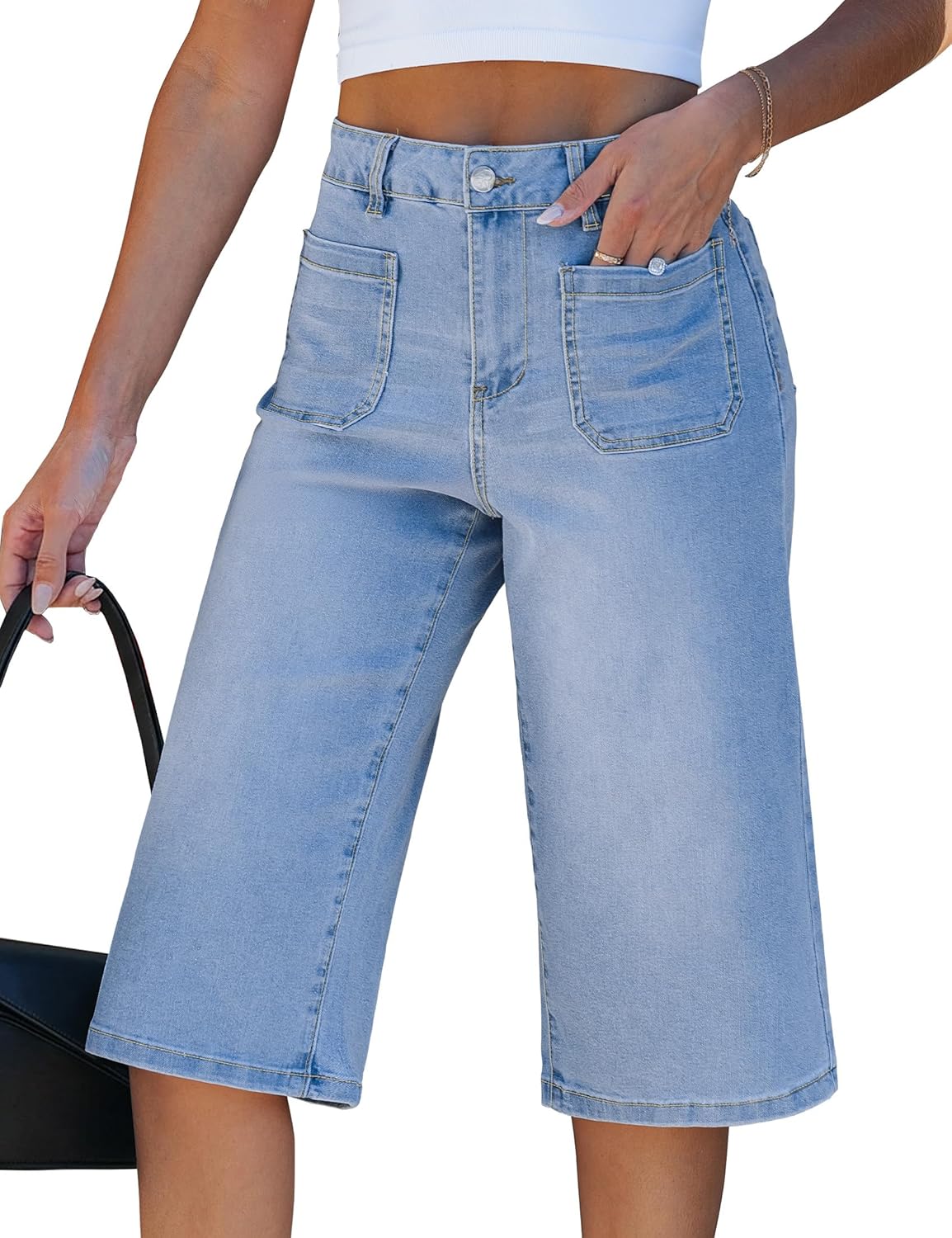 luvamia Capri Jeans for Women Wide Leg Trendy High Waisted Patch Pocket Loose Straight Casual Stretchy Denim Capri Pants