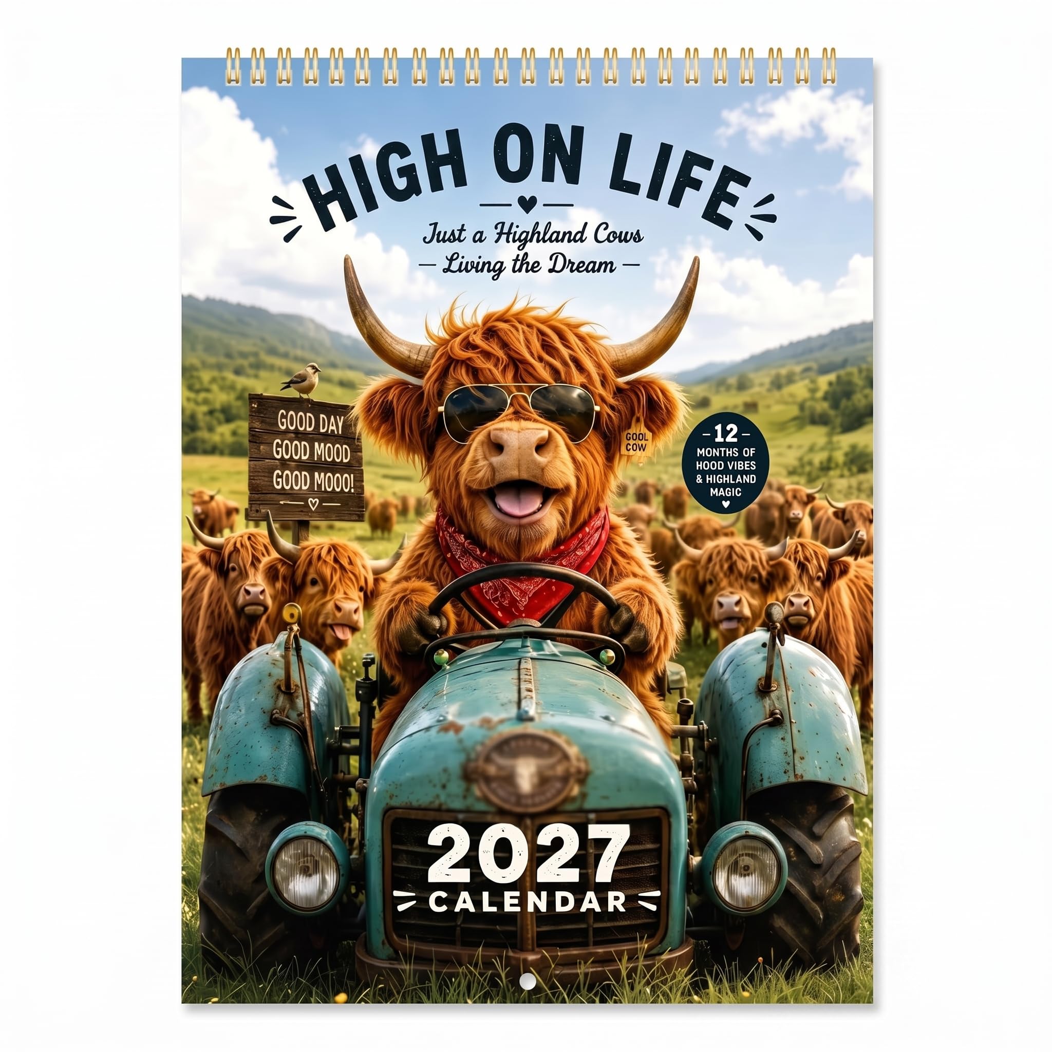 Highland Cow Wall Calendar 2027, Funny Tractor Farm Month-To-View Wall Calendar, Vintage Scottish Farmhouse Hanging Calendar Gift for Cow Lovers
