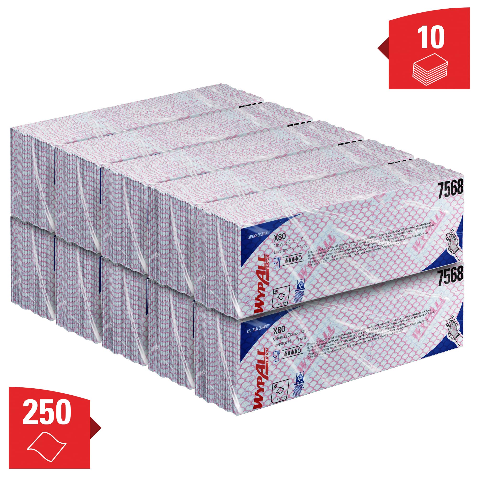 WypAll X80 Paños de limpieza codificados por colores 7568 - Paños rojos - 10 paquetes x 25 paños de limpieza de alta resistencia (250 en total)