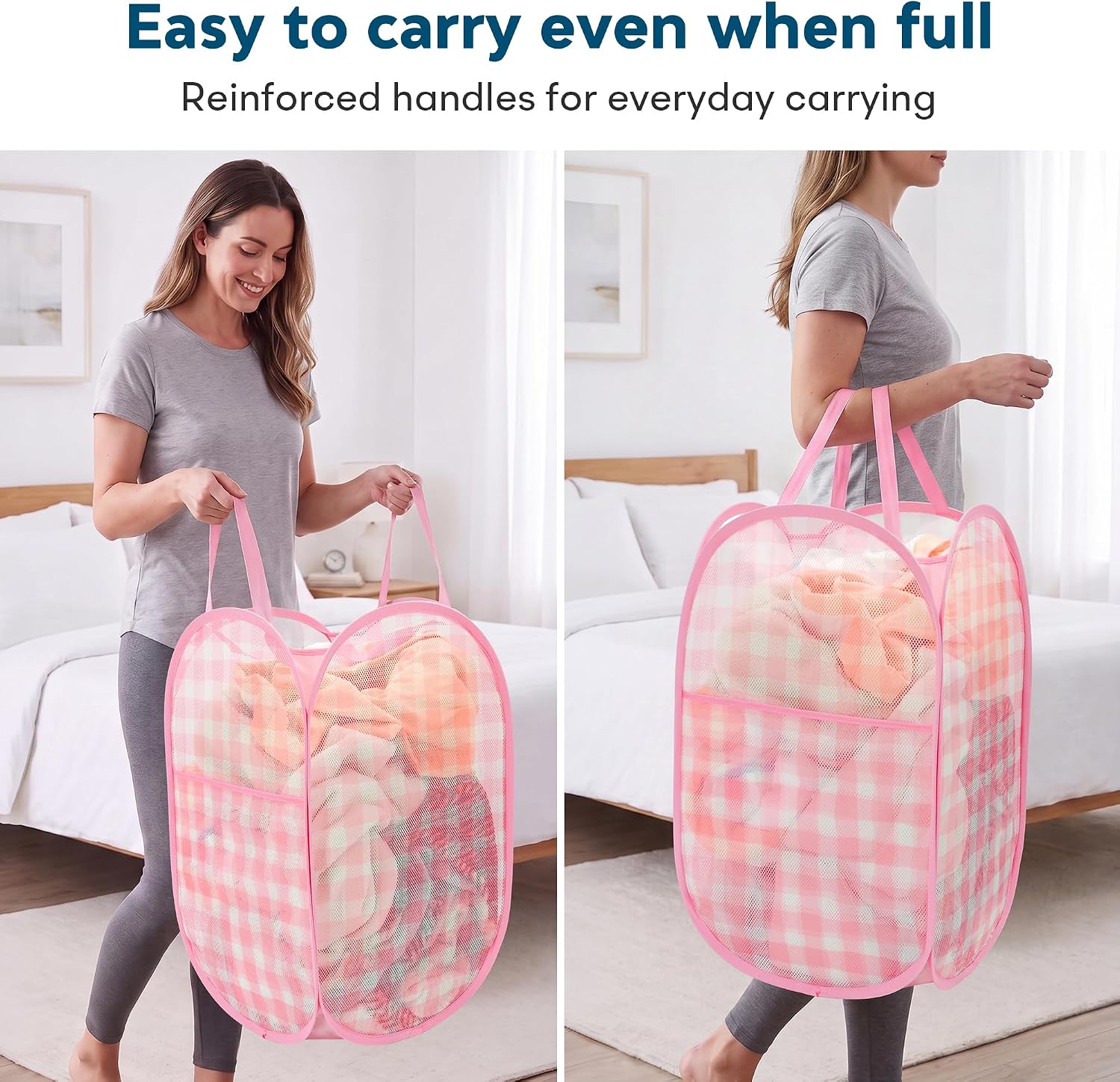 Collapsible Laundry Basket 75L Pop Up Hamper, Check Print, Pink