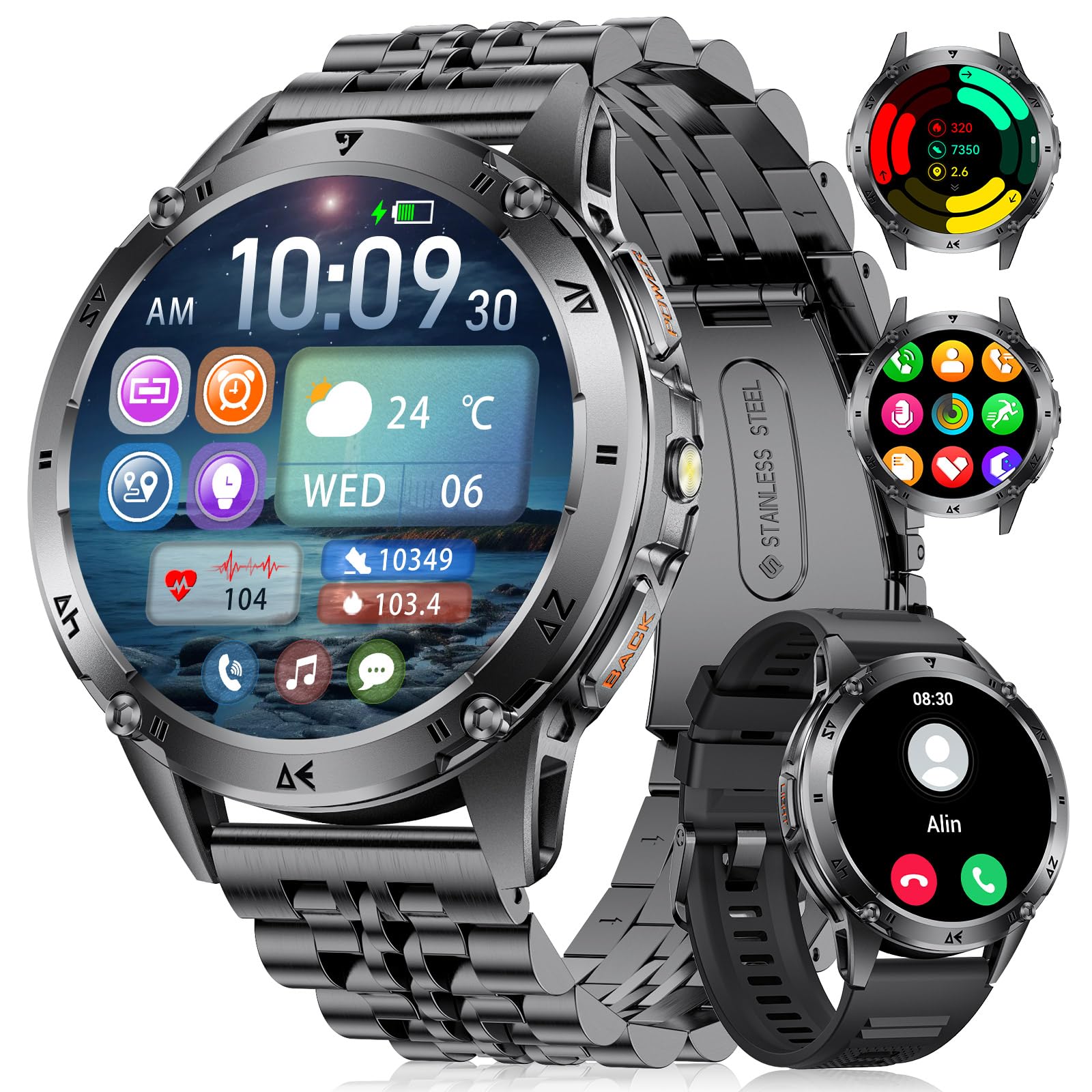 Reloj Inteligente Hombre Militar con LED Linterna, 1.53"HD Amoled Llamadas Bluetooth Smartwatch con 110+ Modos Deportivos, Monitor Sueño/Pulsómetro/Impermeable, 530mAh para Android iOS, Acero