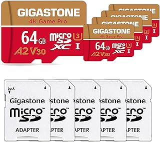 Gigastone 64GB 5-Pack Micro SD Card, 4K Game Pro, A2 V30, 4K Ultra HD, High Speed 4K UHD Gaming C10 Memory Card with Adapter, 5-Year WarrantyVideo Recording, Micro SDXC UHS-I A1 U3 Class 10