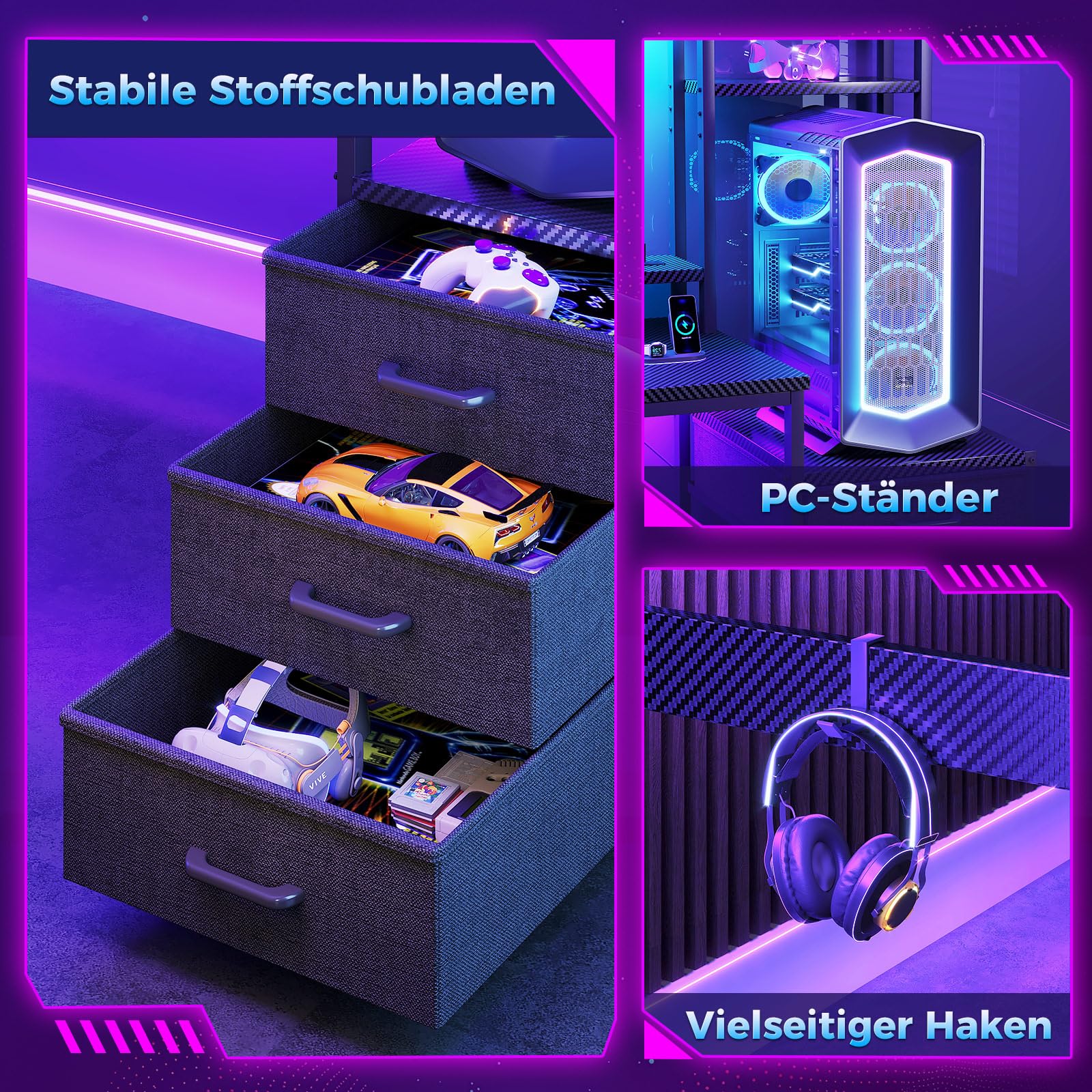 Coleshome Gaming Tisch mit Regal und Schubladen,137×48cm Gaming Schreibtisch mit LED-Beleuchtung & Steckdose, Computertisch mit Ablageflächen & Monitorständer, Carbon Fiber Schwarz