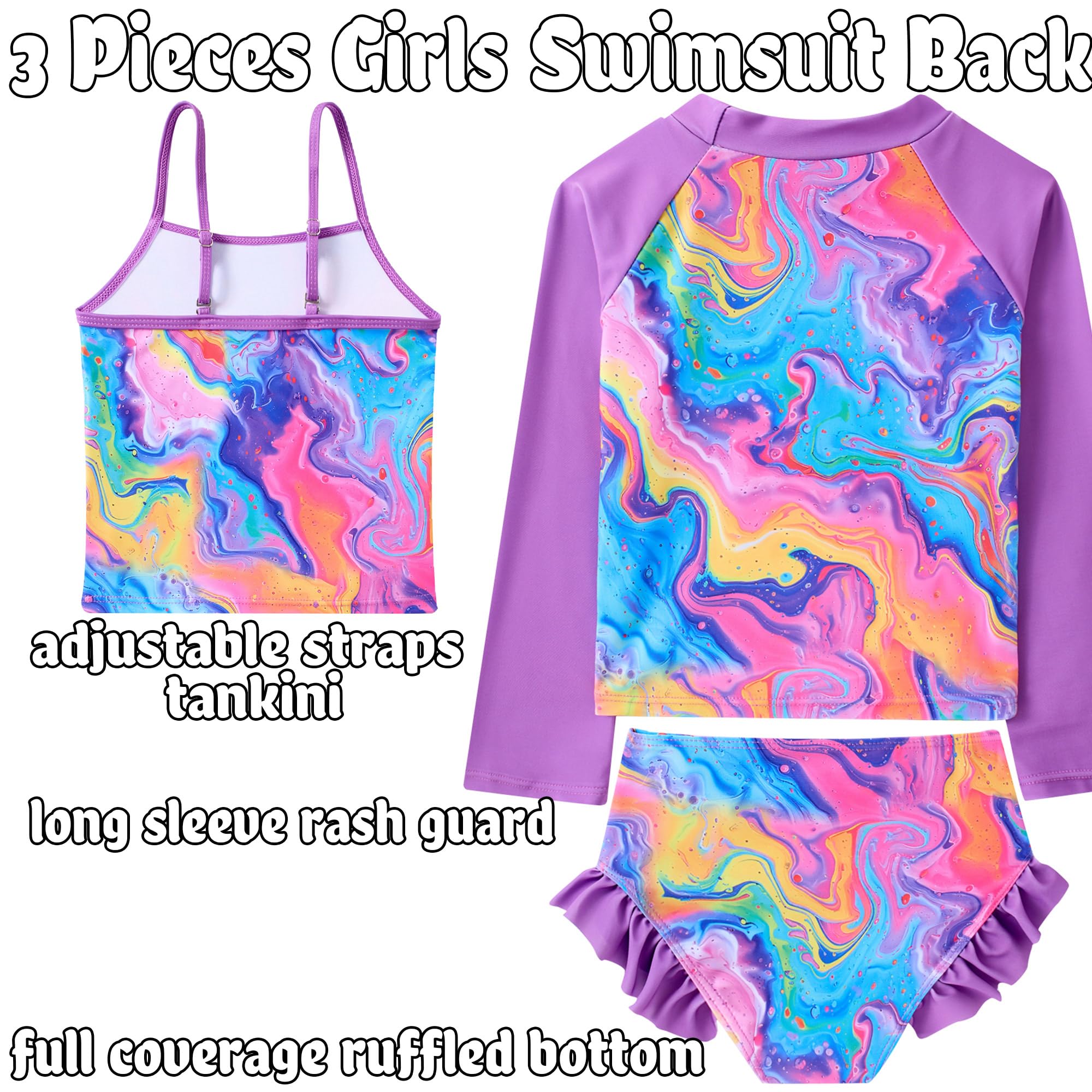 swimsobo Girls 3-Piece Swimsuit Long Sleeve Rash Guard Tankini Sets UPF Sun Proction Bathing Suit 3-10T