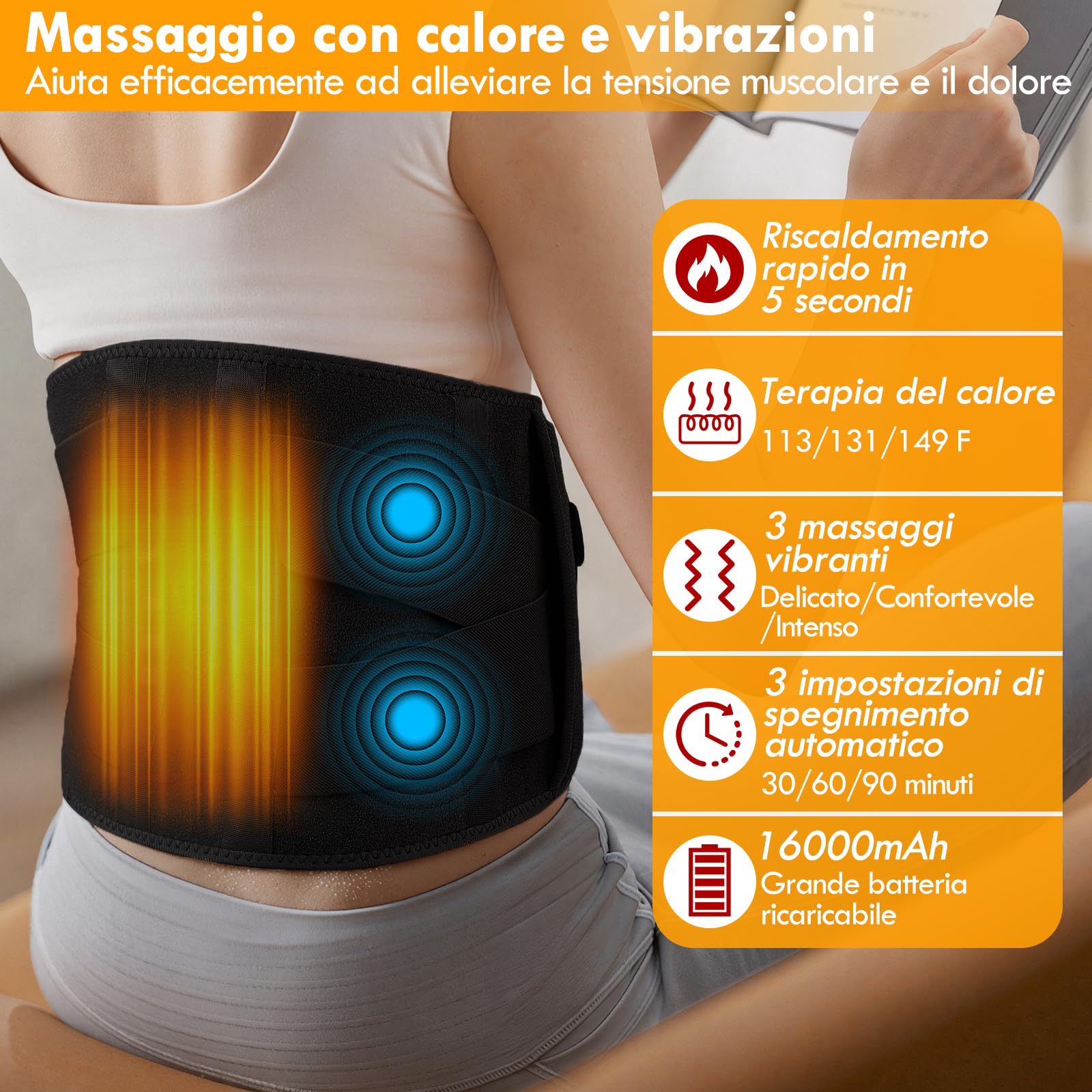 16000mAh Batteria Fascia Lombare Riscaldamento,Termoforo Lombare con 3 Livelli di Temperatura e Massaggio a Vibrazione,cintura riscaldante per la schiena con USB regalo per mamme, donne (Nero)