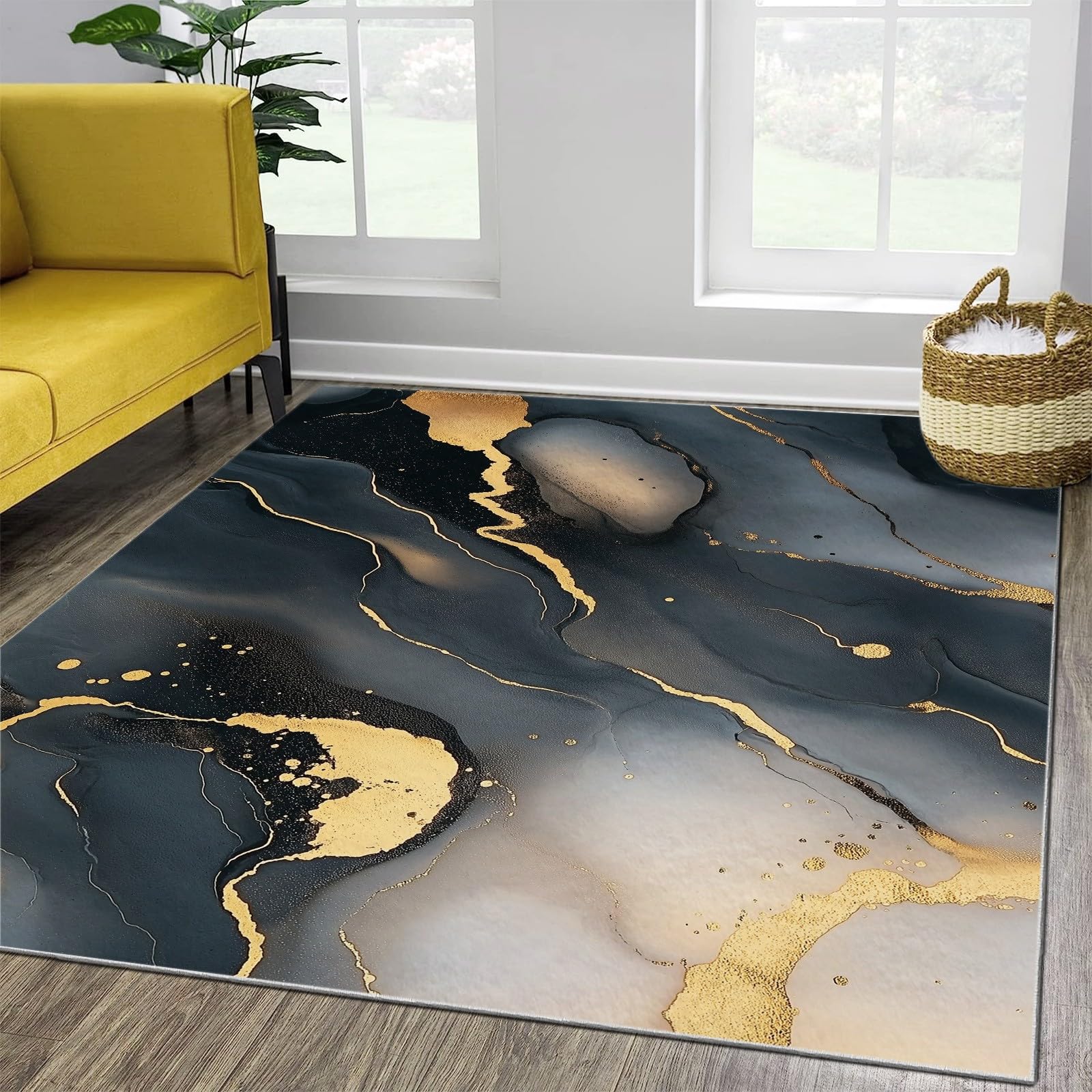 Tapis de sol lavable pour salon tapis abstrait marbre doré sans glisser
