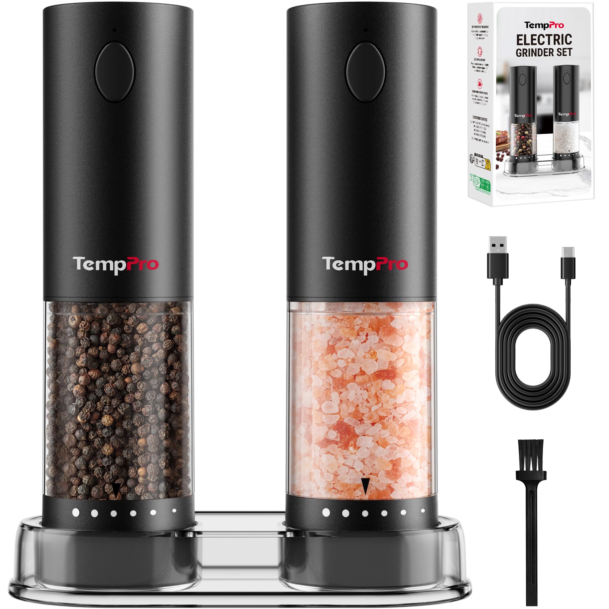 TempPro Juego de Molinillo eléctrico de sal y pimienta, recargable | con iluminación LED, Fácil de limpiar, Funcionamiento con una sola mano, 110 ml para la cocina (Anteriormente ThermoPro)