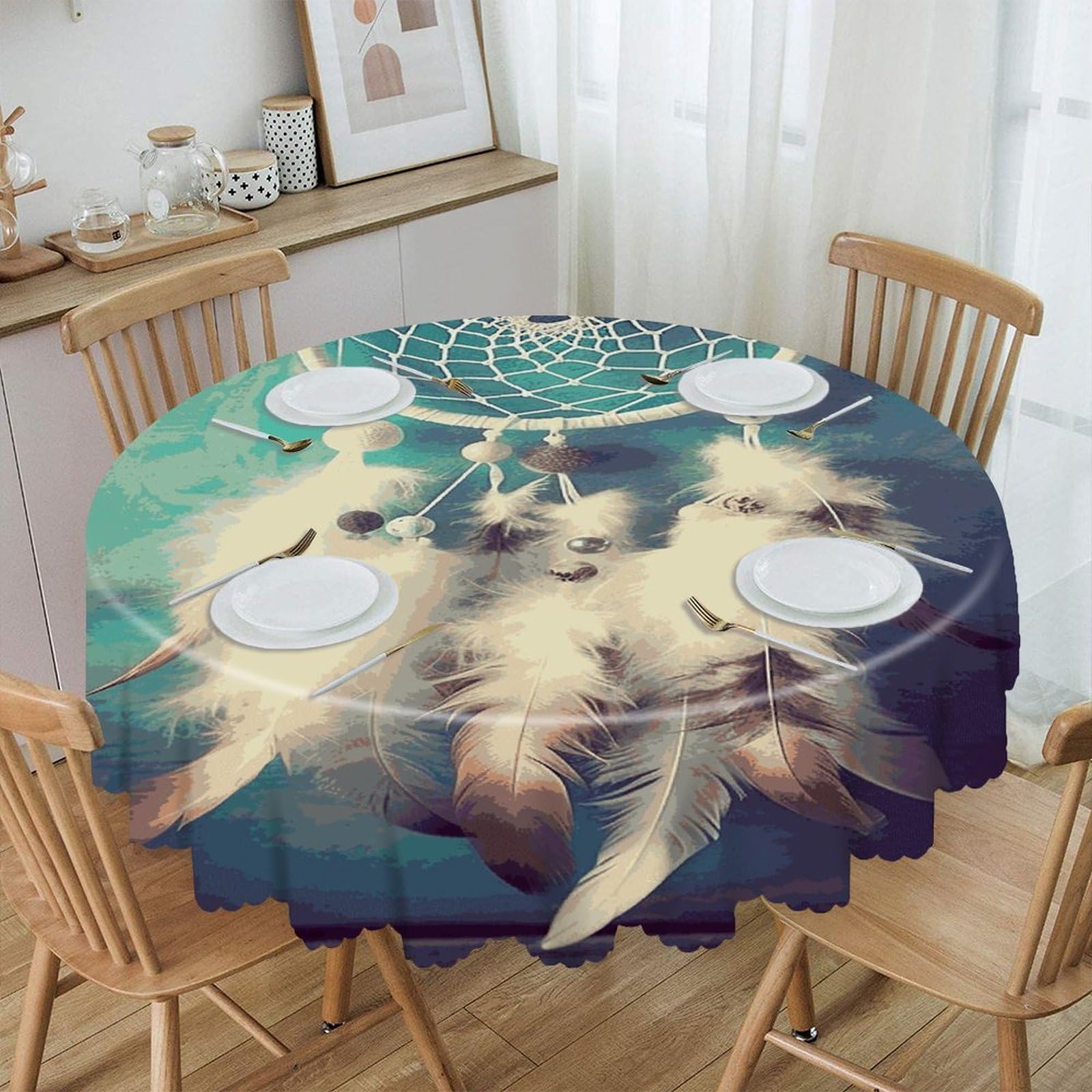 MUSM White Dream Catcher Feather_79253692 Table Cloths Round Wrinkle Resistant Tablecloths Washable Polyester Table Cover Waterproof Decorative Washable Rustic Circle Tablecover for Kitchen Dining