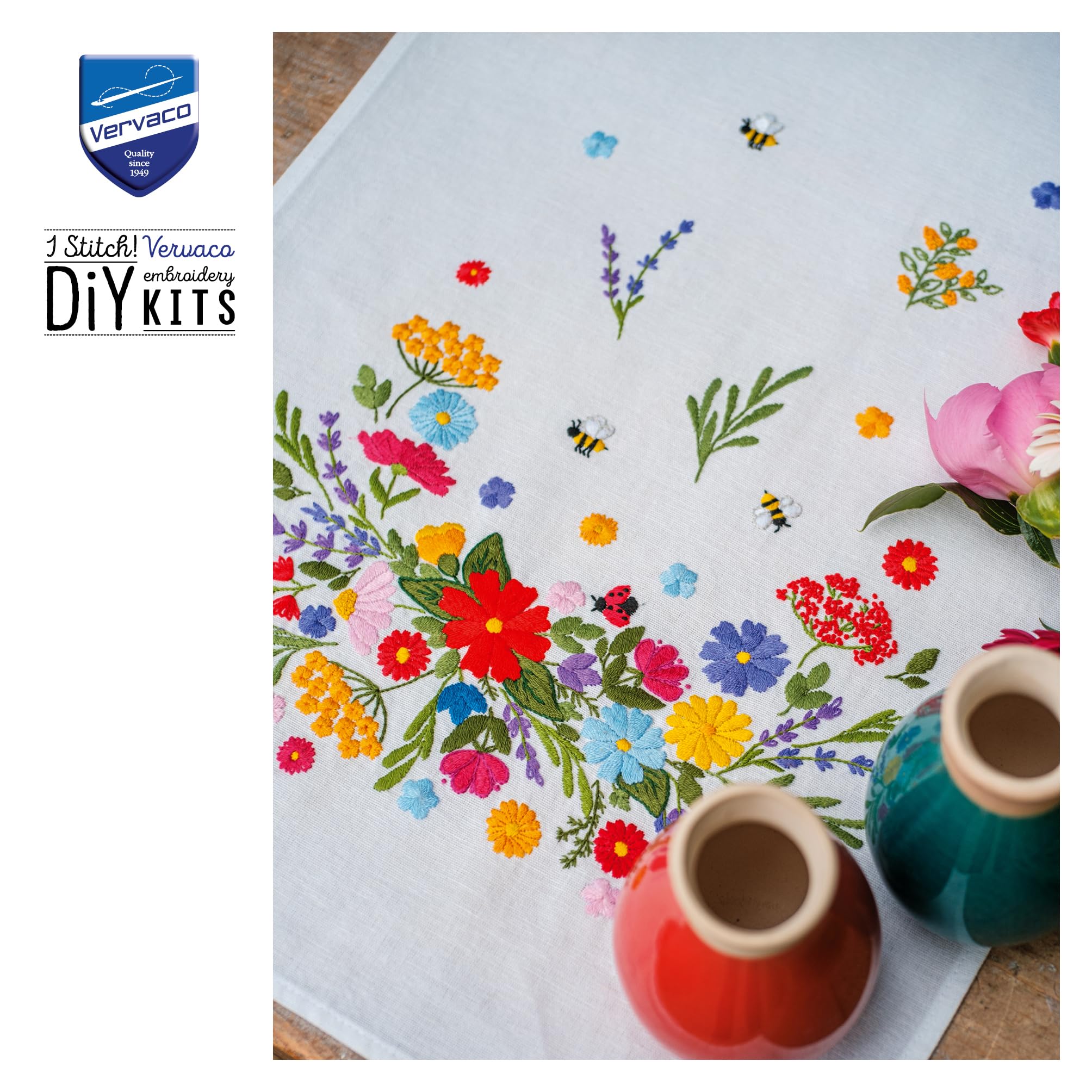 VERVACO Kit Centrotavola Ricamo Prestampato MONDO FLOREALE Set Ricamo Biancheria Da Tavola ca. 35 x 95 cm Set Fai Da Te Creativo Size Kit Hobby Creativi Adulti Casa Decor Embroidery Embroidery Runner