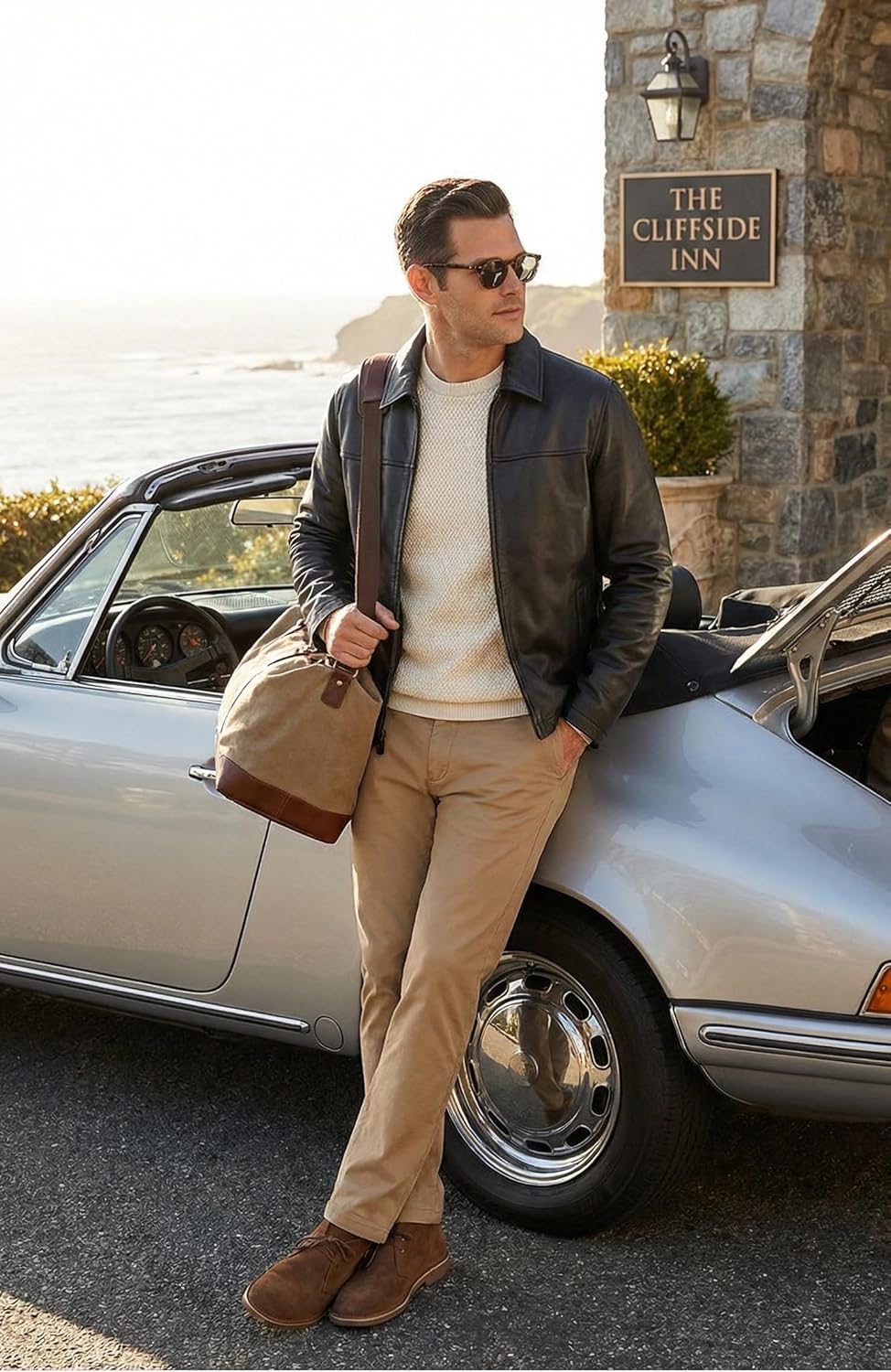 SID Men's Premium Lambskin Leather Jacket - Classic Polo Collar Old School Style - Real Soft Genuine Casual Outerwear