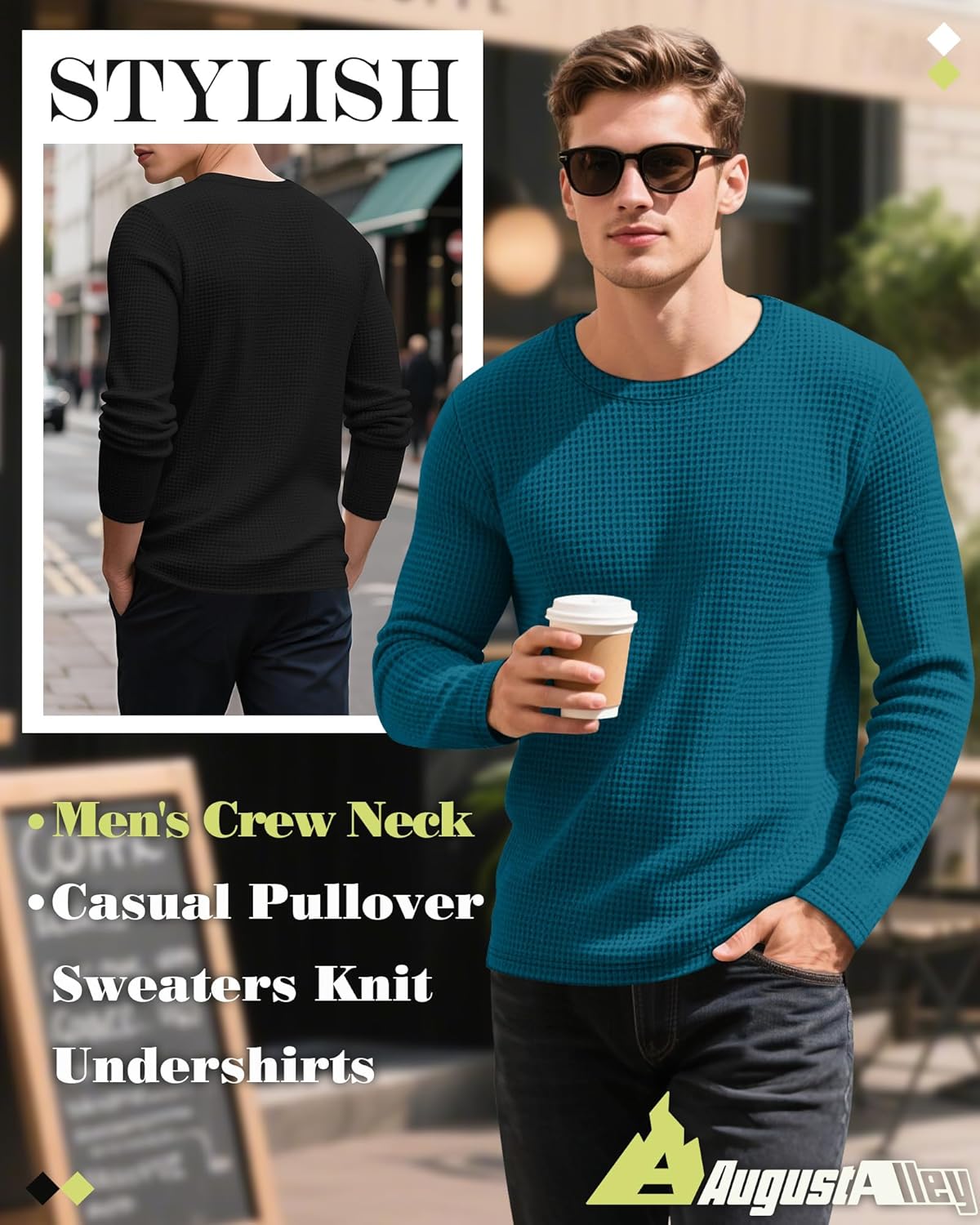 August Alley 5 Pack Thermal Waffle Shirts for Men, Crew Neck Long Sleeve Casual Pullover Underwear Textured Knit Tops