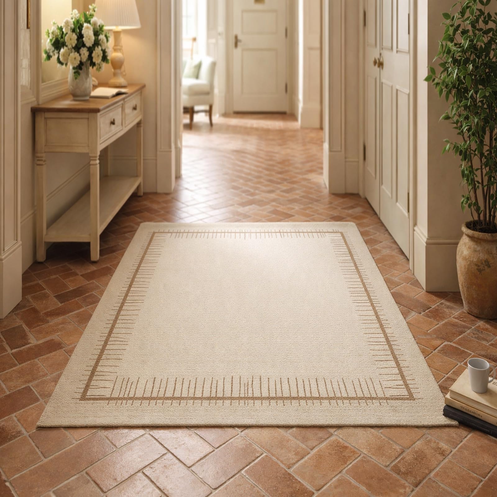 Teppiche Wohndeko für Wohnzimmer Schlafzimmer Aesthetic Room Decor,Modernes geometrisches Muster, Beige, Creme, 155 x 200 cm