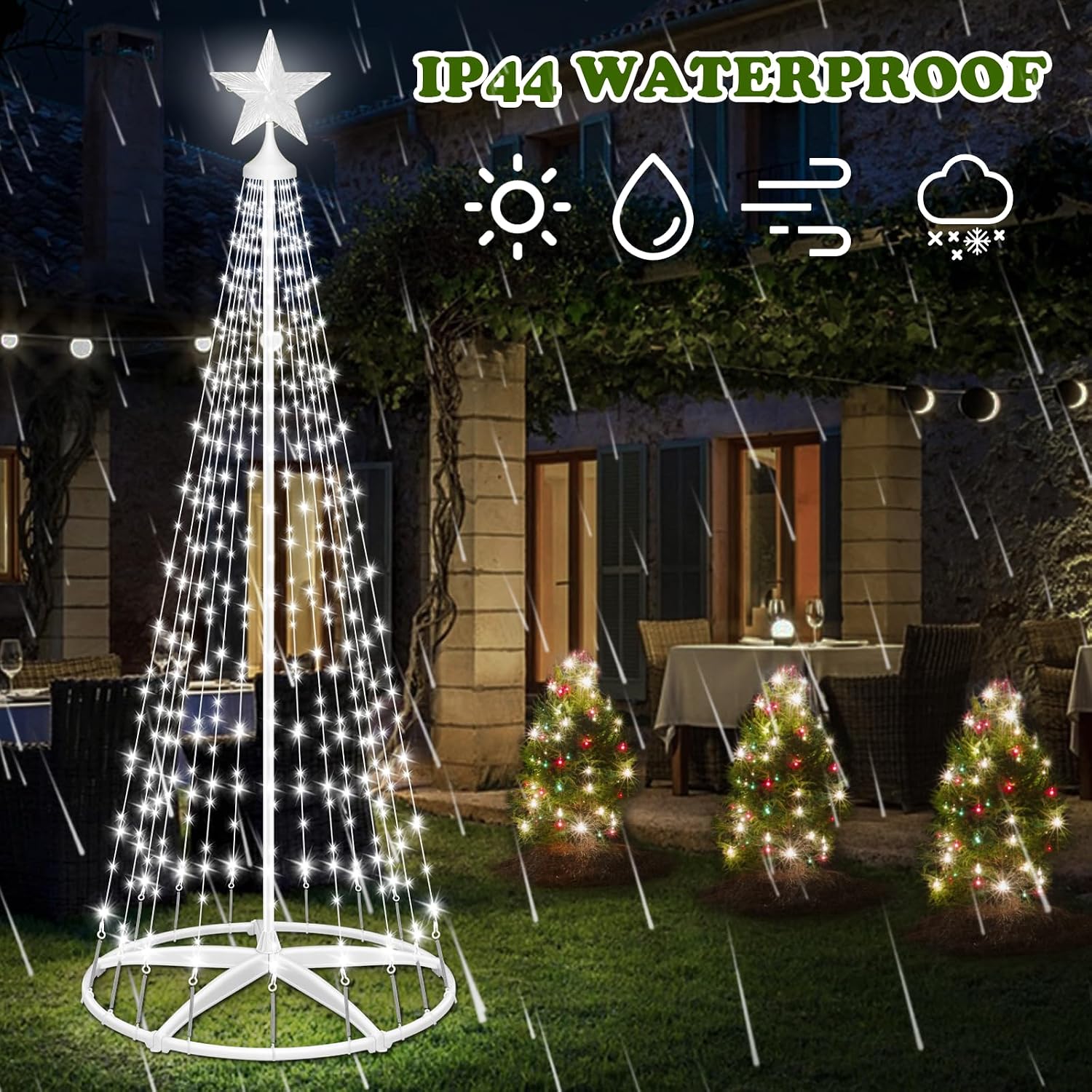Outdoor Solar Christmas Cone Tree Lights, 7.5ft 312 LED Christmas Tree LightShow with 8 Modes Timer Remote, Lighted Artificial Tree USB Charge for Xmas Yard Porch Patio Party Holiday Decor, Cold White
