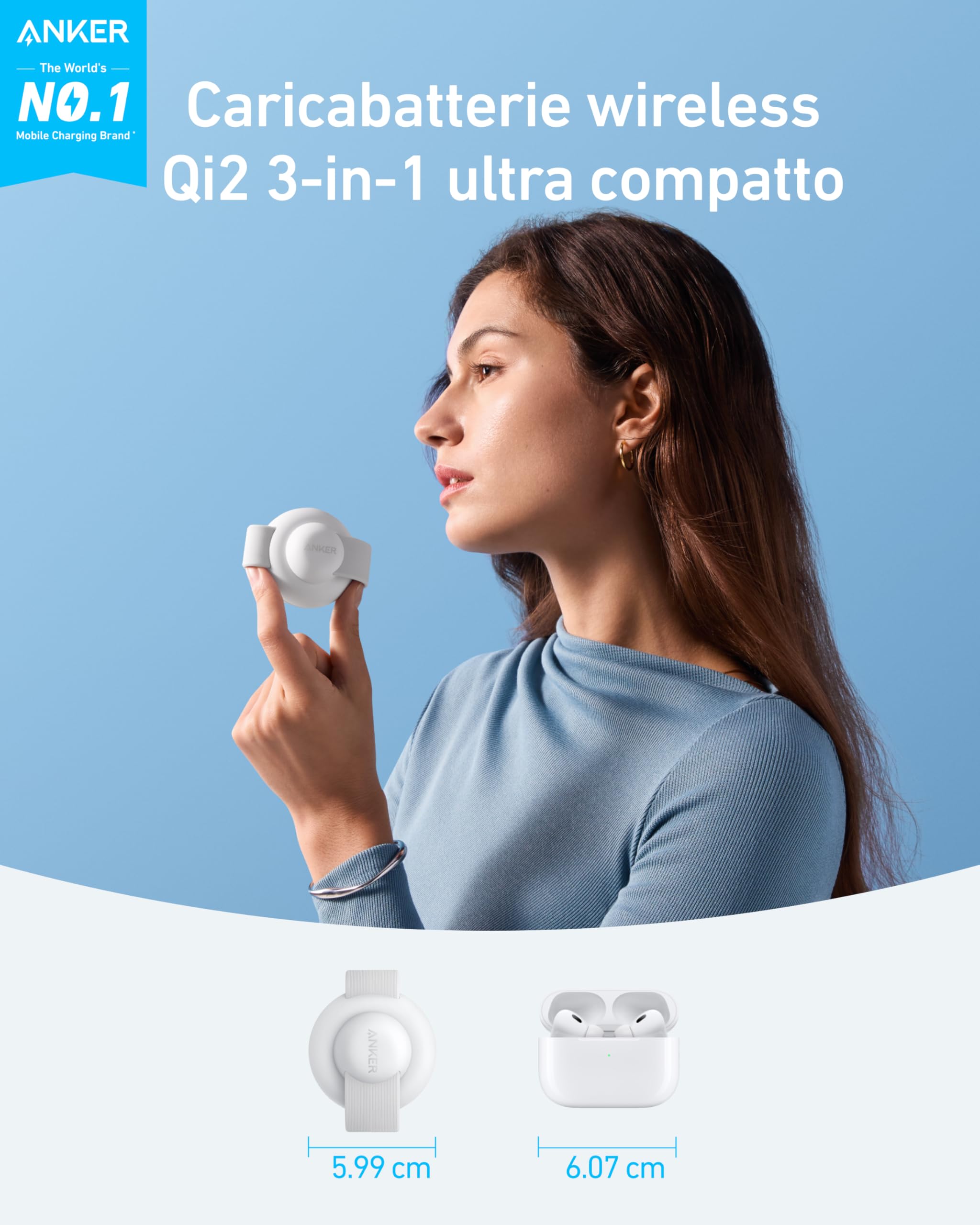 Stazione di ricarica wireless 3-in-1 Anker MagGo 15W, compatibile con MagSafe, certificato Qi2, pieghevole e portatile per iPhone 16/15/14/13, AirPods, Apple Watch e altro (caricatore USB-C incluso)