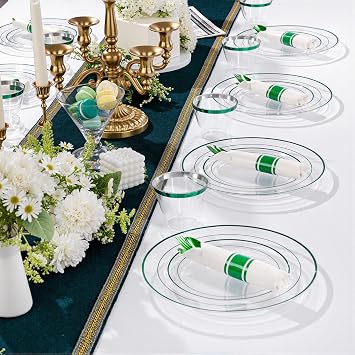 I00000 350 Pcs Clear Green Plastic Dinnerware Set for 50 Guests
