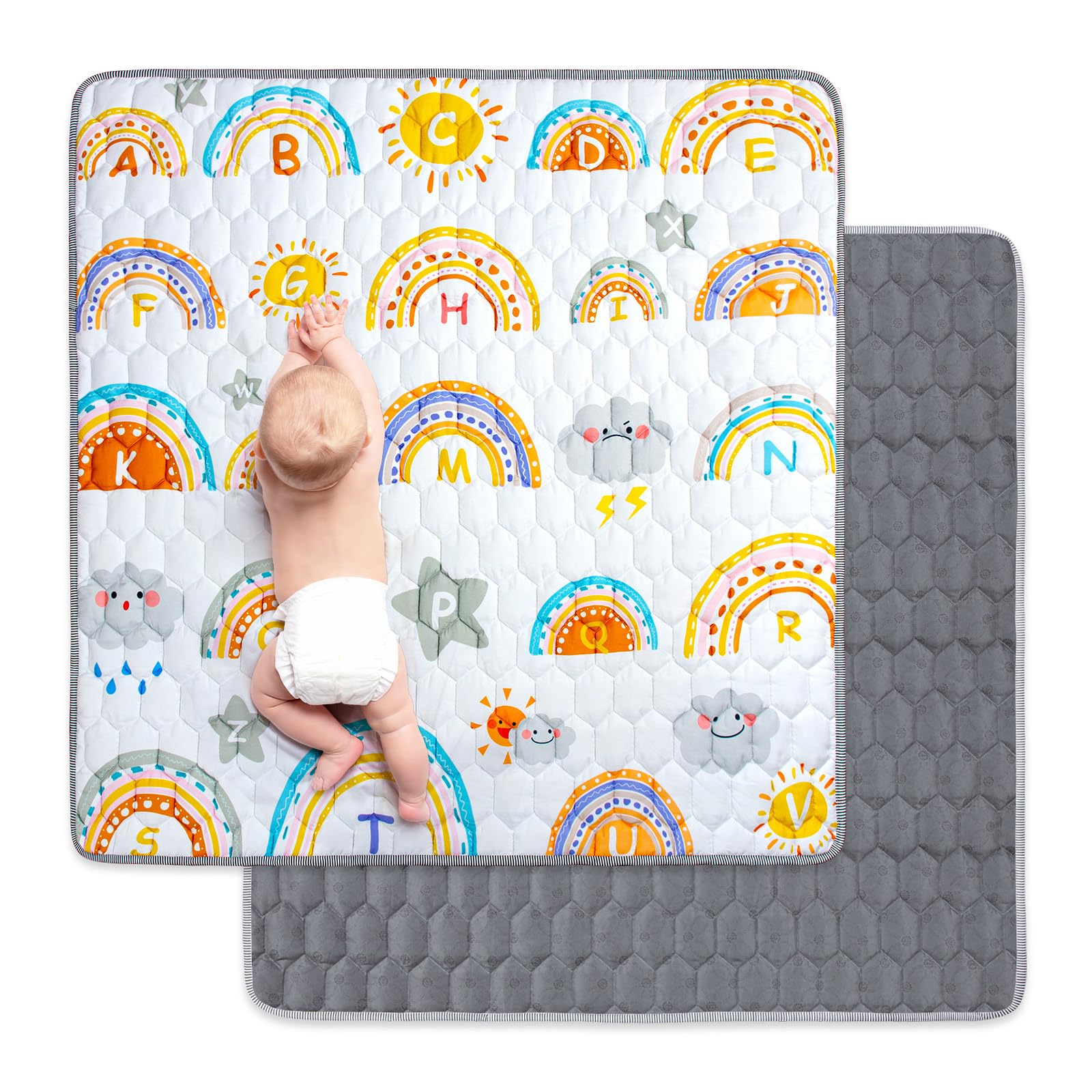 Funsland Tappeto Gioco Bambini 127x127cm - Tappeto Neonato Gattonamento, Pieghevole Morbido & Spessa Tappeto Tummy Time Neonati, Arcobaleno Tappeto Gioco Sensoriale Interattivo per Bambini 1 2 3 Anni