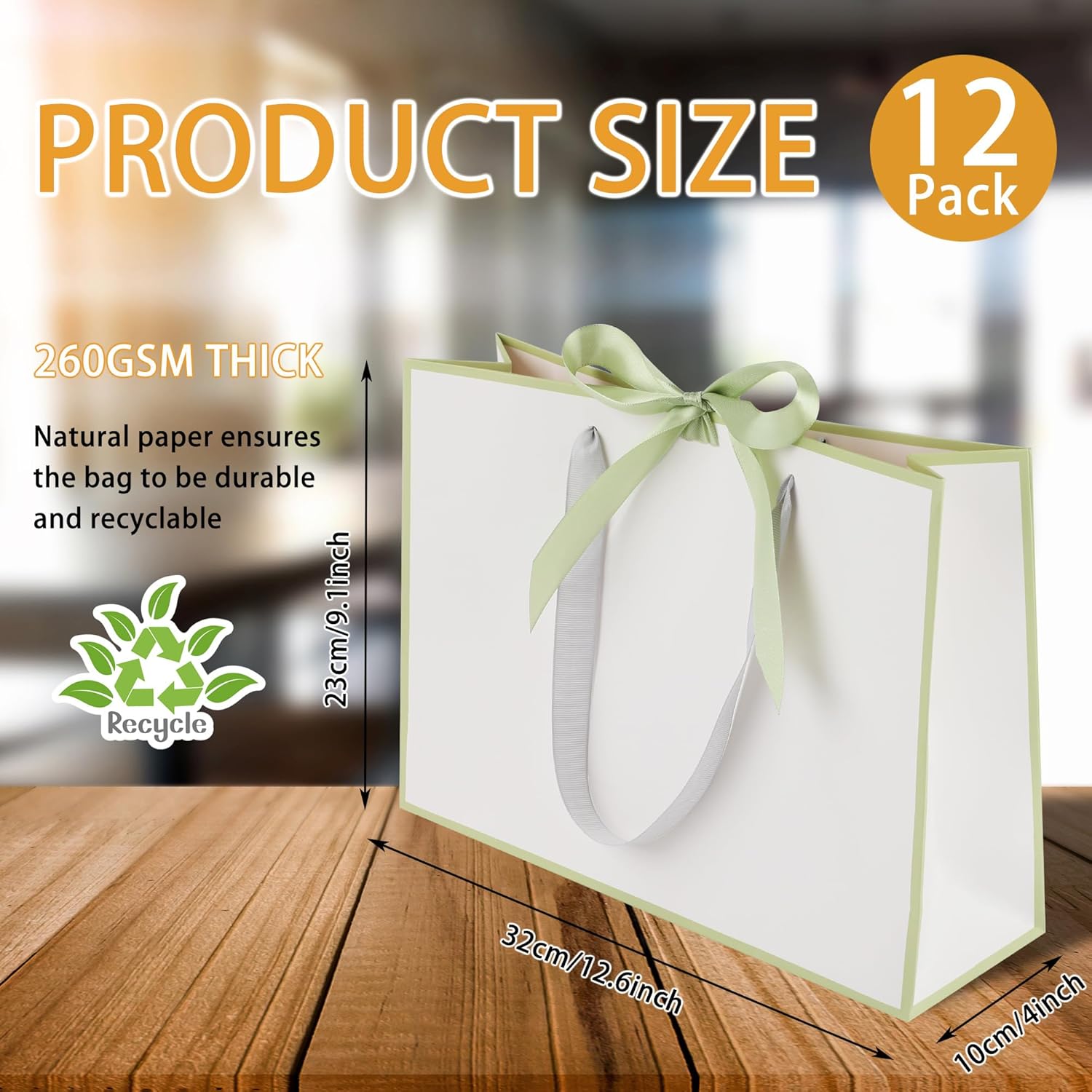 STOBOCTER 12 Pcs Thank You Gift Bags with Handles 12.6x4x9.1'' Elegant Paper Gift Bags with Bow Ribbon Gift Wrap Bags for Wedding Bridal Shower Father's Day Housewarming Birthday(White, Sage Green) - Image 2
