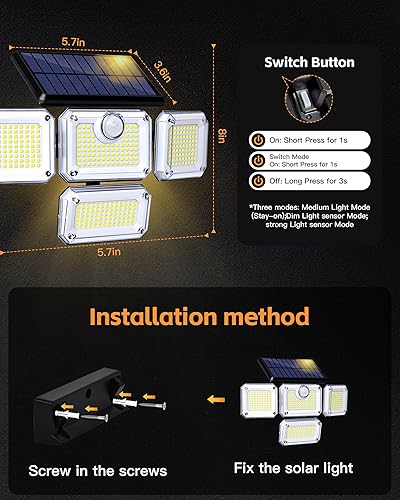 Miniatura 3 de Lámpara con sensor de movimiento para exteriores, luz de energía solar de 4 cabezales, luz solar 333 LED, luces de inundación inalámbricas para