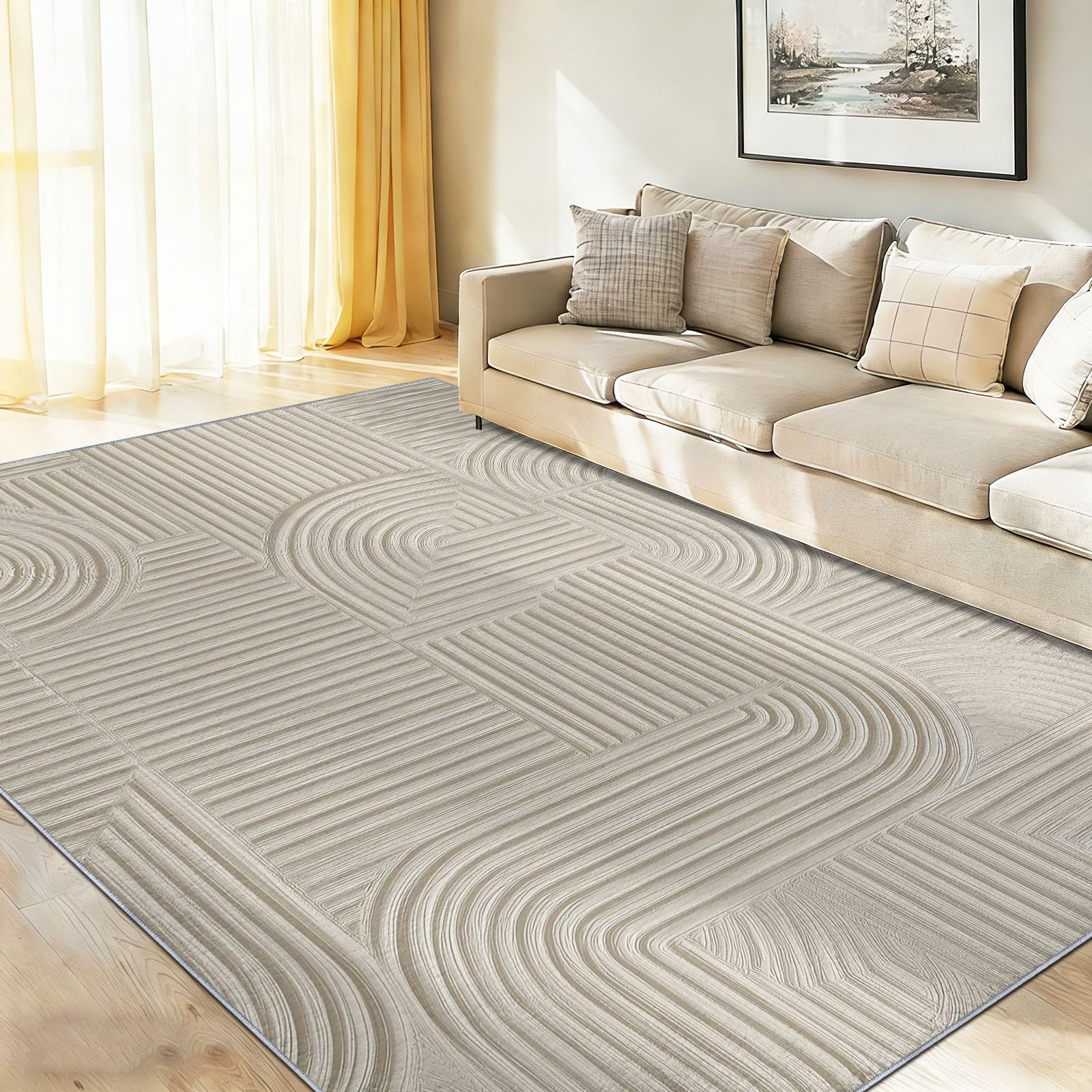 Modern Abstrakt Hellbeige Teppich - Rutschfester Waschbarer Niedriger Flor Teppich für Wohnzimmer, Schlafzimmer, Kinderzimmer, Esszimmer, Büro - Geometrisch Gitter Streifen, 120 x 170 cm
