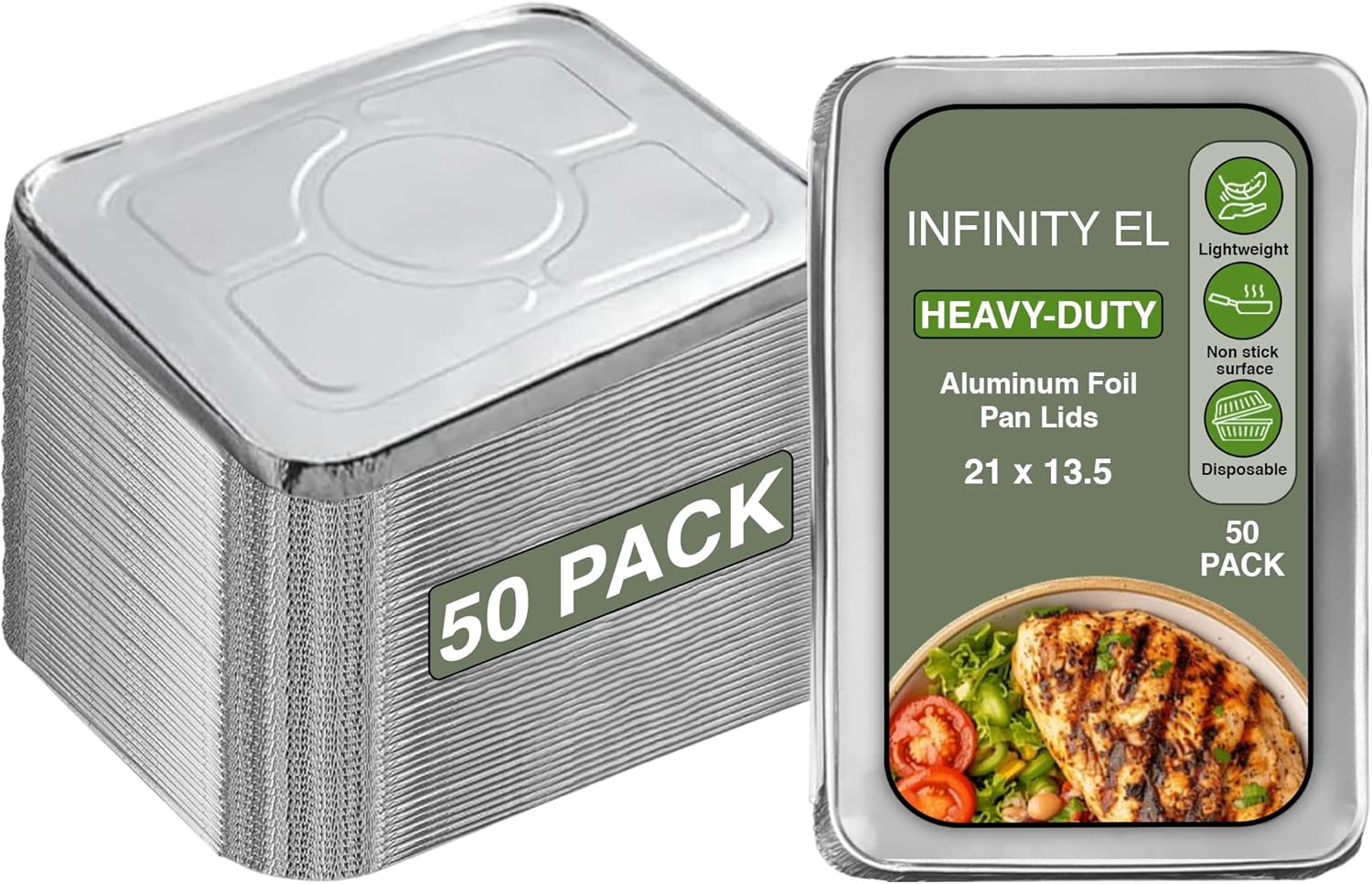 INFINITY EL Disposable Aluminum Foil Pan Lids 50 Pack | Full Size 21" x 13.5" Insulated Foil Pan Lids | Heavy Duty Aluminum Foil Lids for Catering, Food Storage, Turkey, Lasagna, Parties & Meal Prep