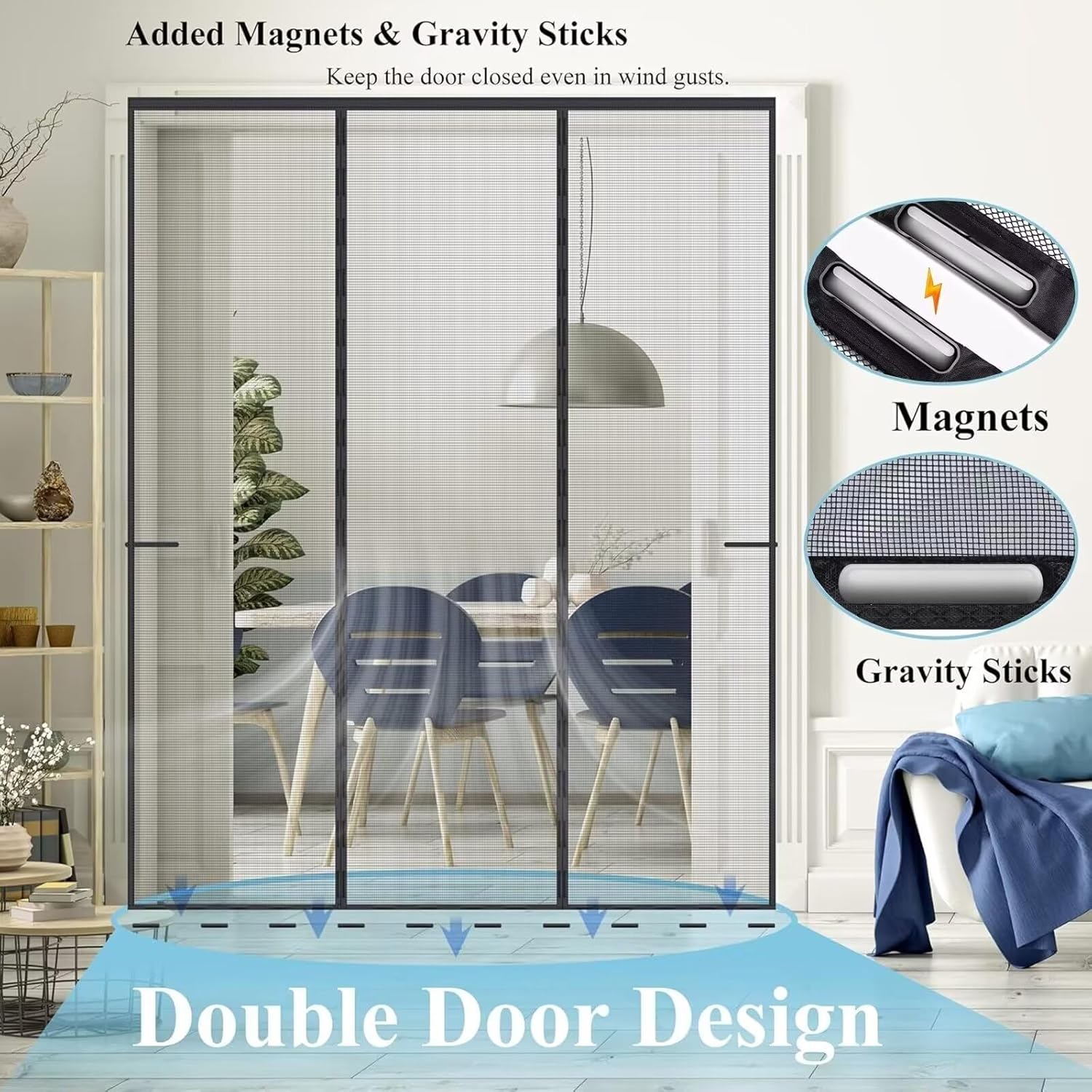 Magnetic Screen Door Fiberglass 135x205cm Magnets Heavy Duty Fiberglass Mesh Curtain with Weights in Bottom-Full Frame Magic Seal Black