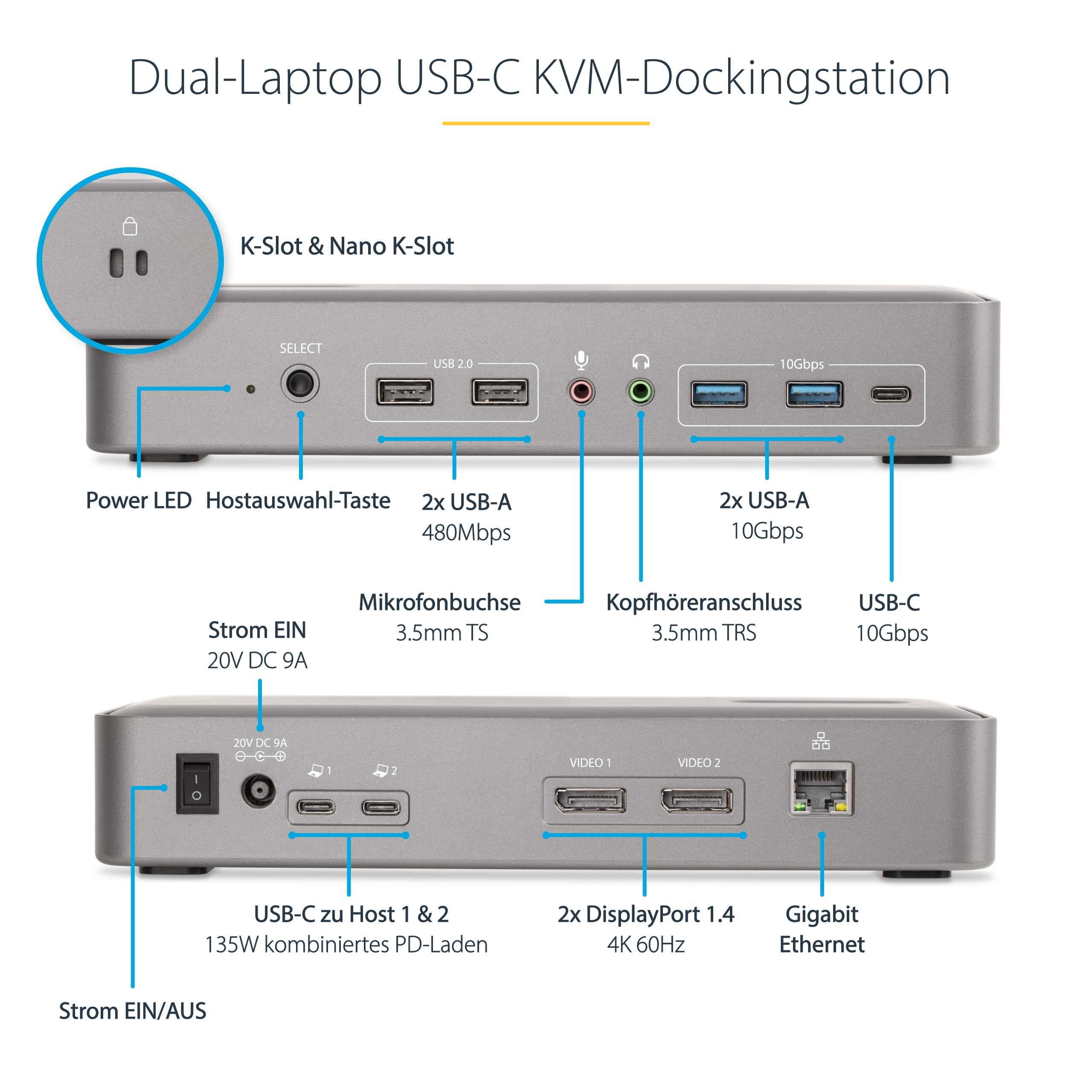 StarTech Dual-Laptop USB-C KVM Dock, Dual 4K 60Hz DisplayPort, 90W, 5x USB | Dual-Monitor KVM-Switch für zwei Notebooks, 45W Power Delivery, für Windows, macOS, ChromeOS, Linux, Apple M-Serie