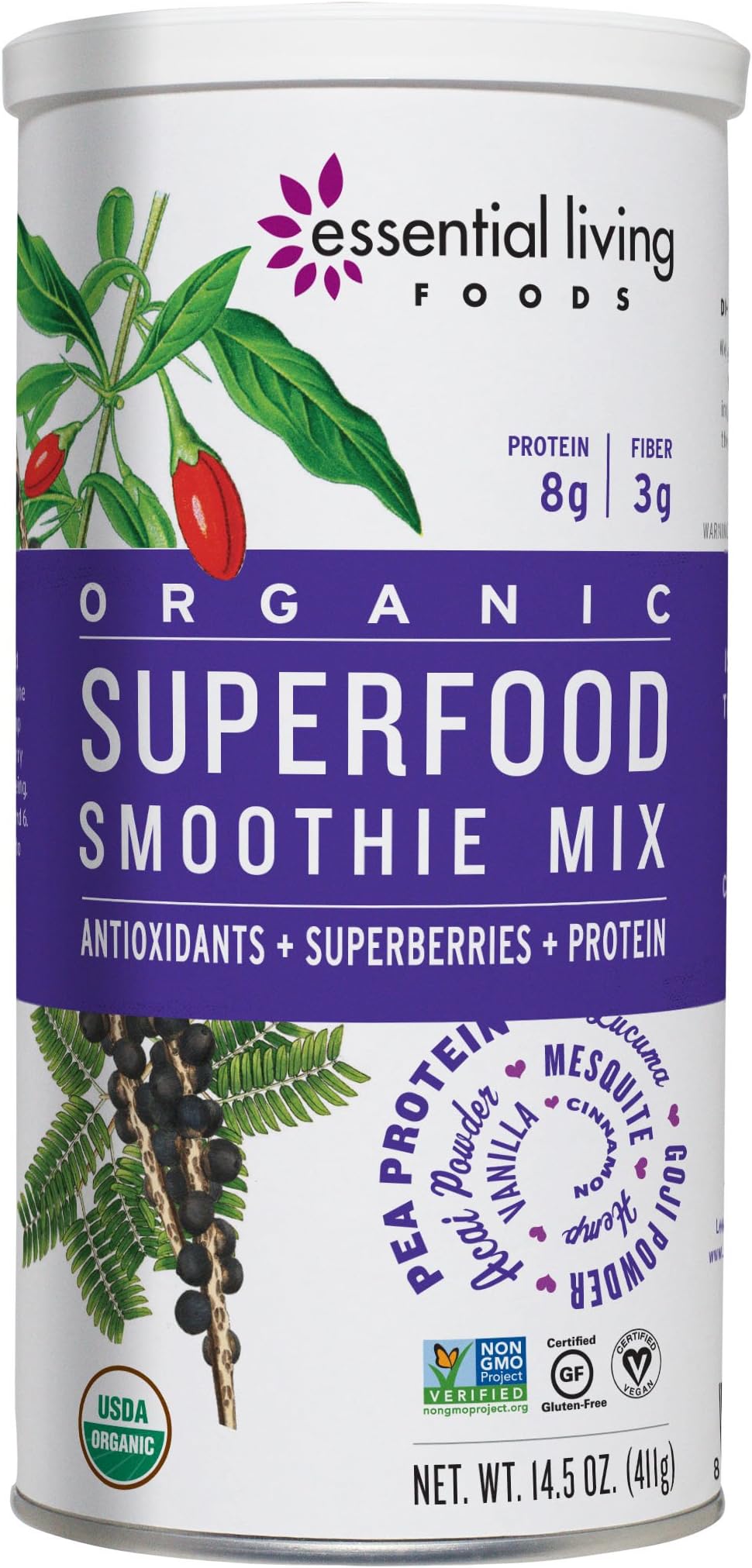 Essential Living Foods Organic Superfood Smoothie Mix, With Mesquite, Lucuma, Pea and Hemp Protein, Acai and Goji Berry Powder, Vegan, Non-GMO, Gluten Free, Kosher, 14.5 Ounce Tin