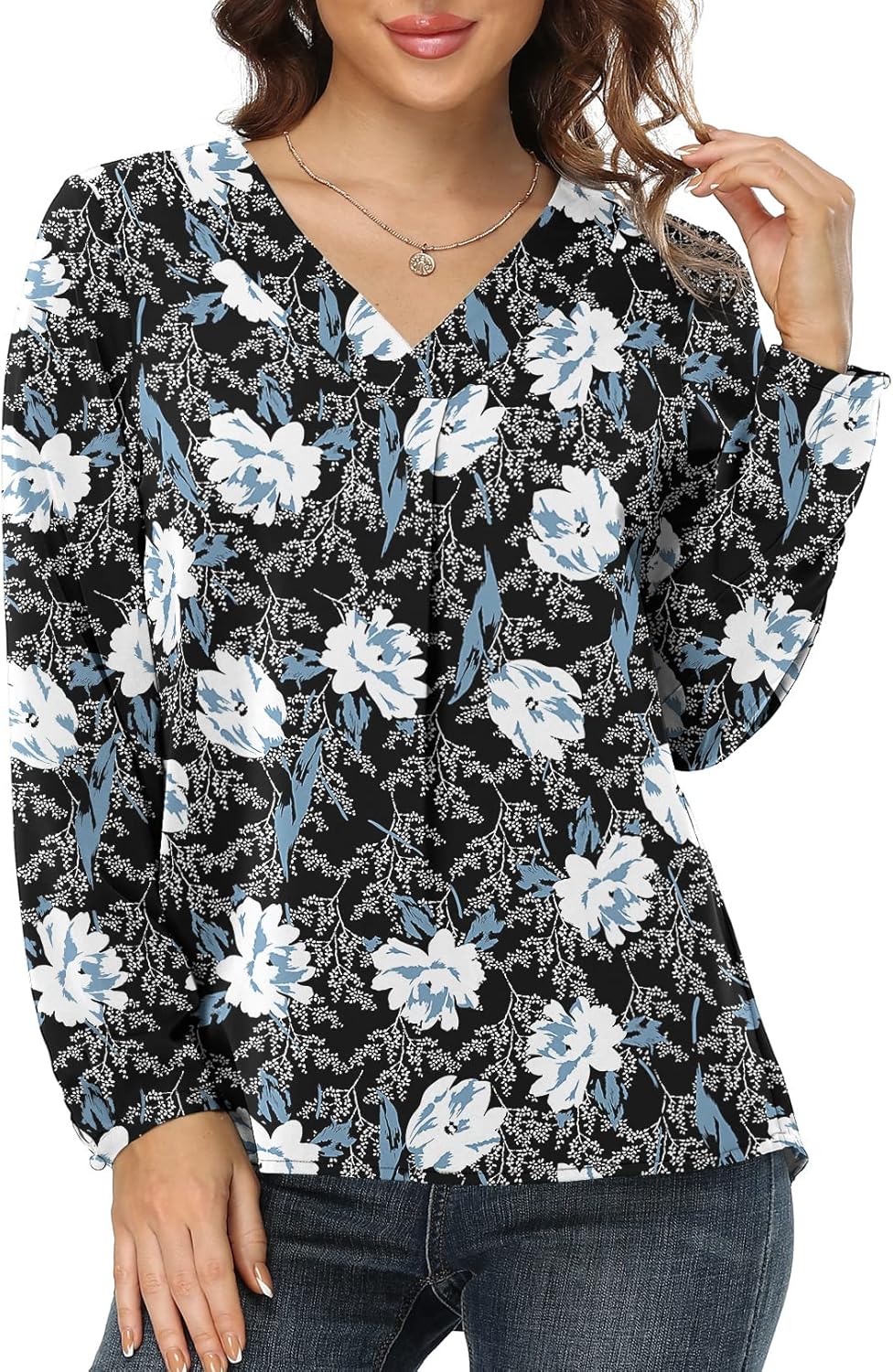 Jouica Blouses for Women Casual Chiffon Blouse Tops Loose V Neck Long Sleeve Blouse - Image 2