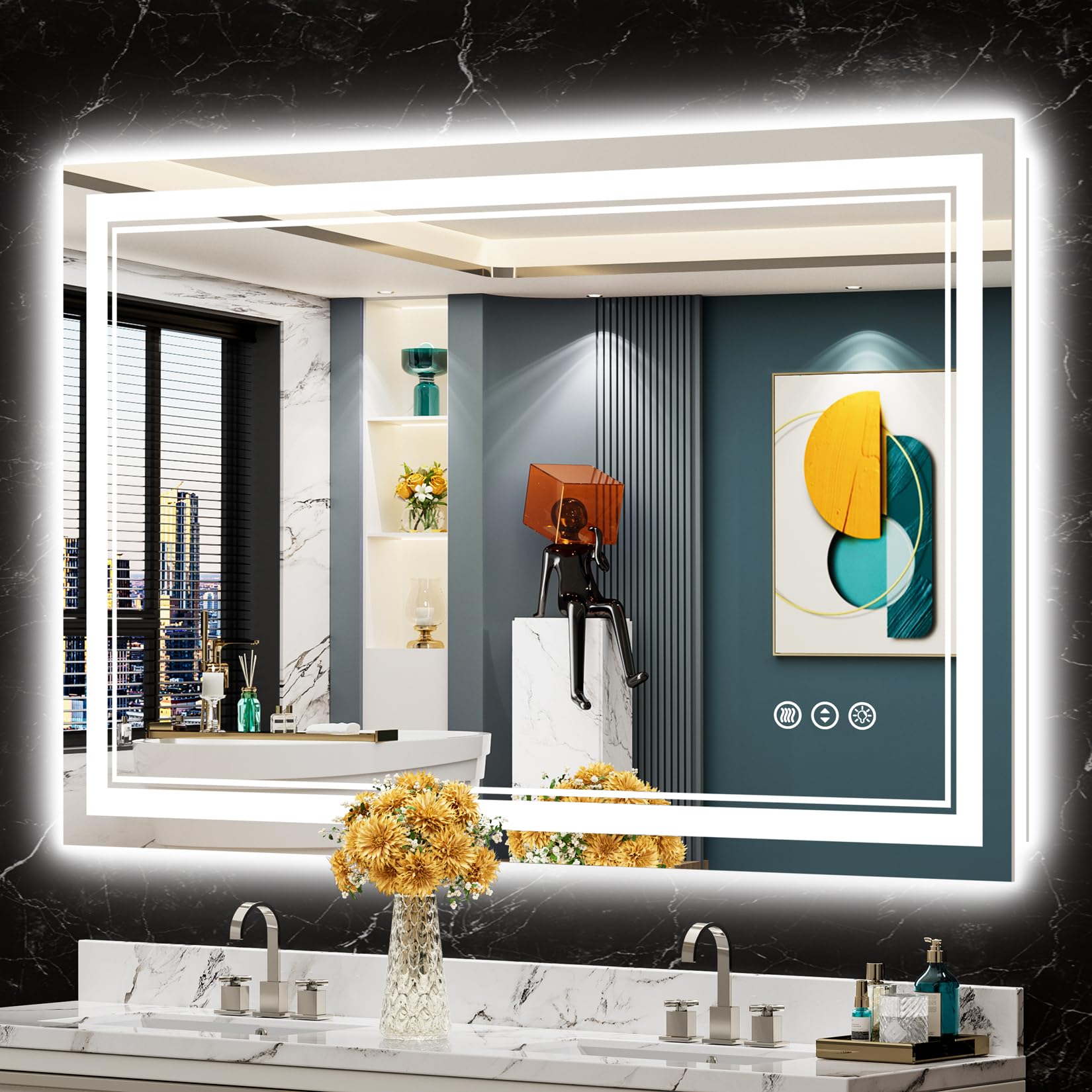 48x30 LED Bathroom Mirror with Lights, Backlit and Front Lit Anti-Fog Lighted Vanity Mirrors for Bathroom Wall, Dimmable, 3-Color Light, Memory, Shatter-Proof, HD Tempered Glass, CRI＞90
