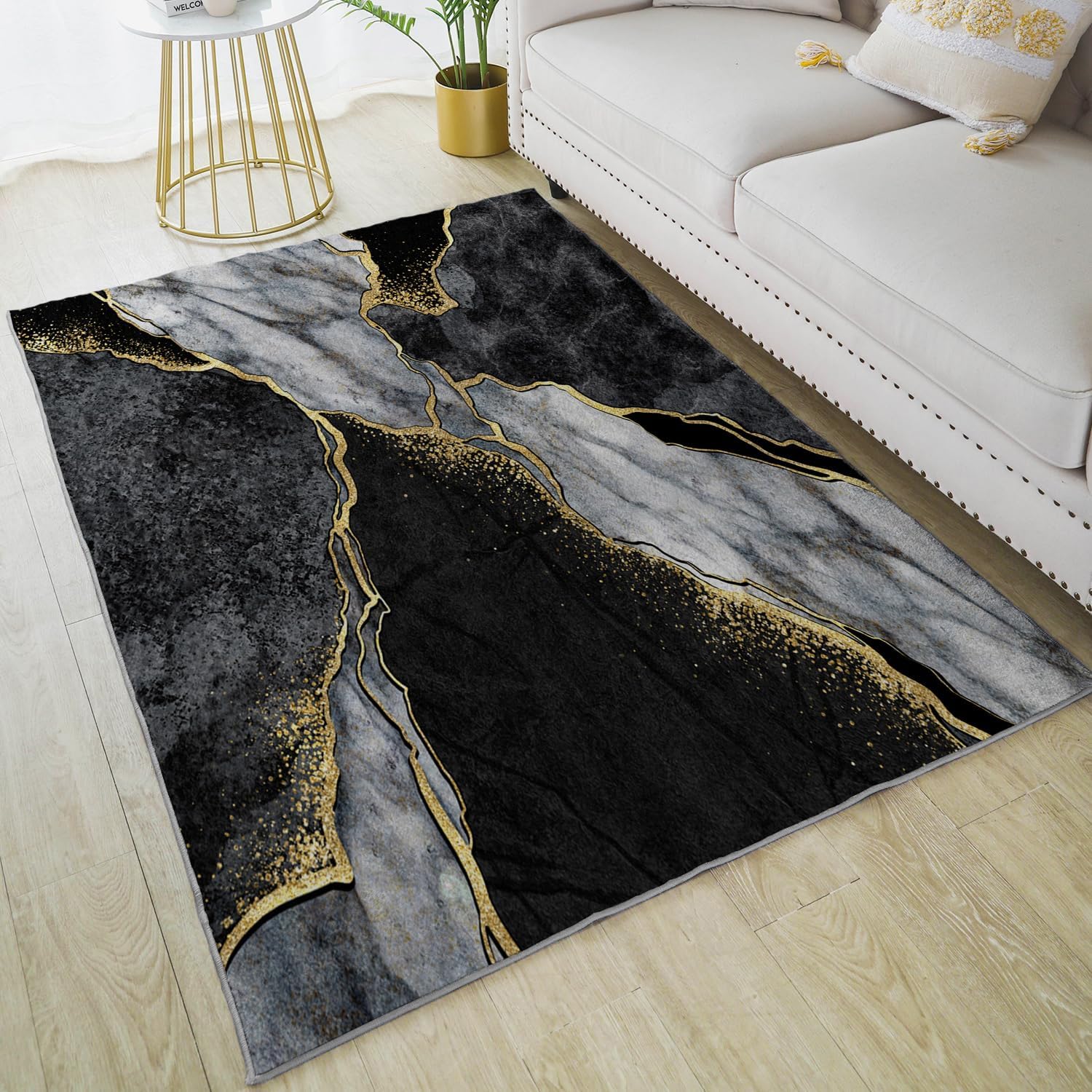 HUXJOKO Area Rug Abstract Black and Gold Marble Veins Home Decor Non-Slip Rugs Machine Washable Doormat Carpet Mat for Living Room Bedroom Kitchen Kindergarten Room Classroom,5' x 7' 5' x 7' (Rectangular) Black and Gold