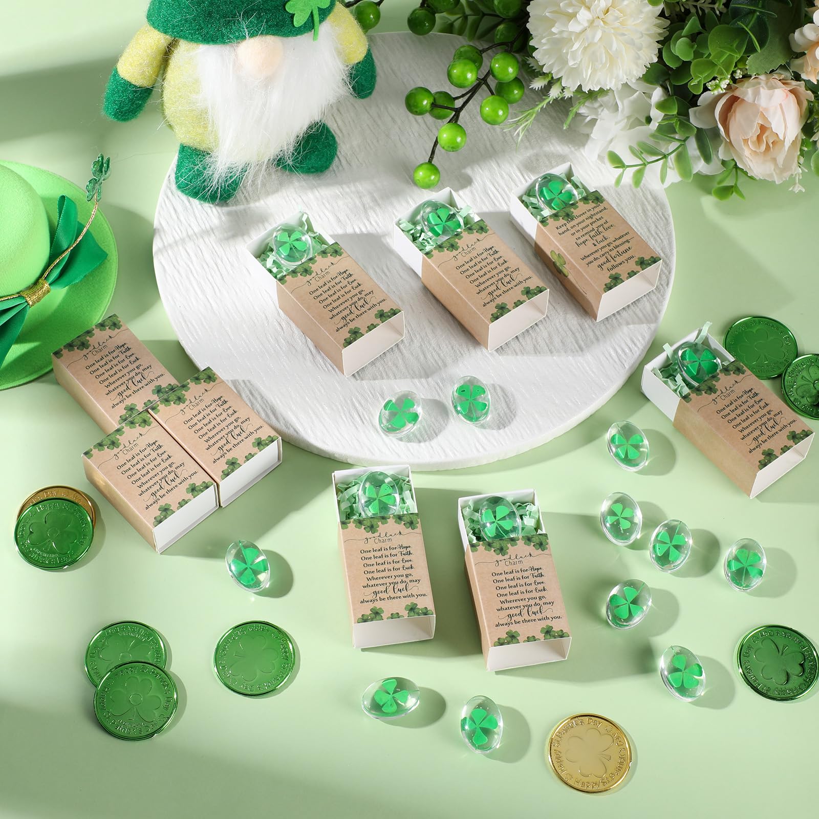Bucherry 20 Set St. Patrick's Day Gift Bulk Four Leaf Clover Glass Token Charms with Greeting Boxes Irish Day Lucky Shamrock Gifts for DIY Friends Coworkers Employee Office Party Favors (Oval) — view 7