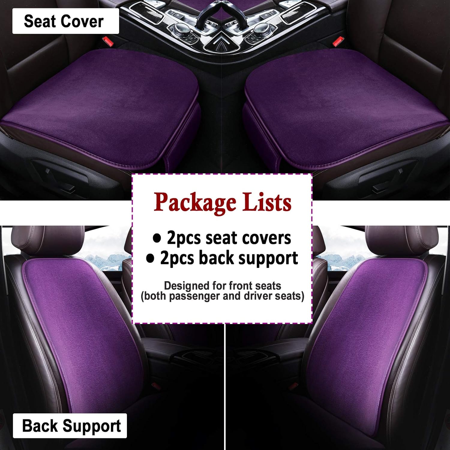 Winter Car Seat Covers Front Seats Only, Sheepskin Auto Car Seat Cushion Pad with Back Support for Driver and Passenger Seat, Washable Car Seat Protector Non Slip, Universal Fit (Purple)