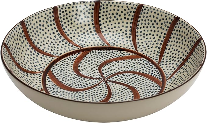 Creative Co-Op Hand Painted Stoneware Serving Bowl with Pattern, Multicolor Serveware, 14"L x 14"W x 4"H, Blue & Cream